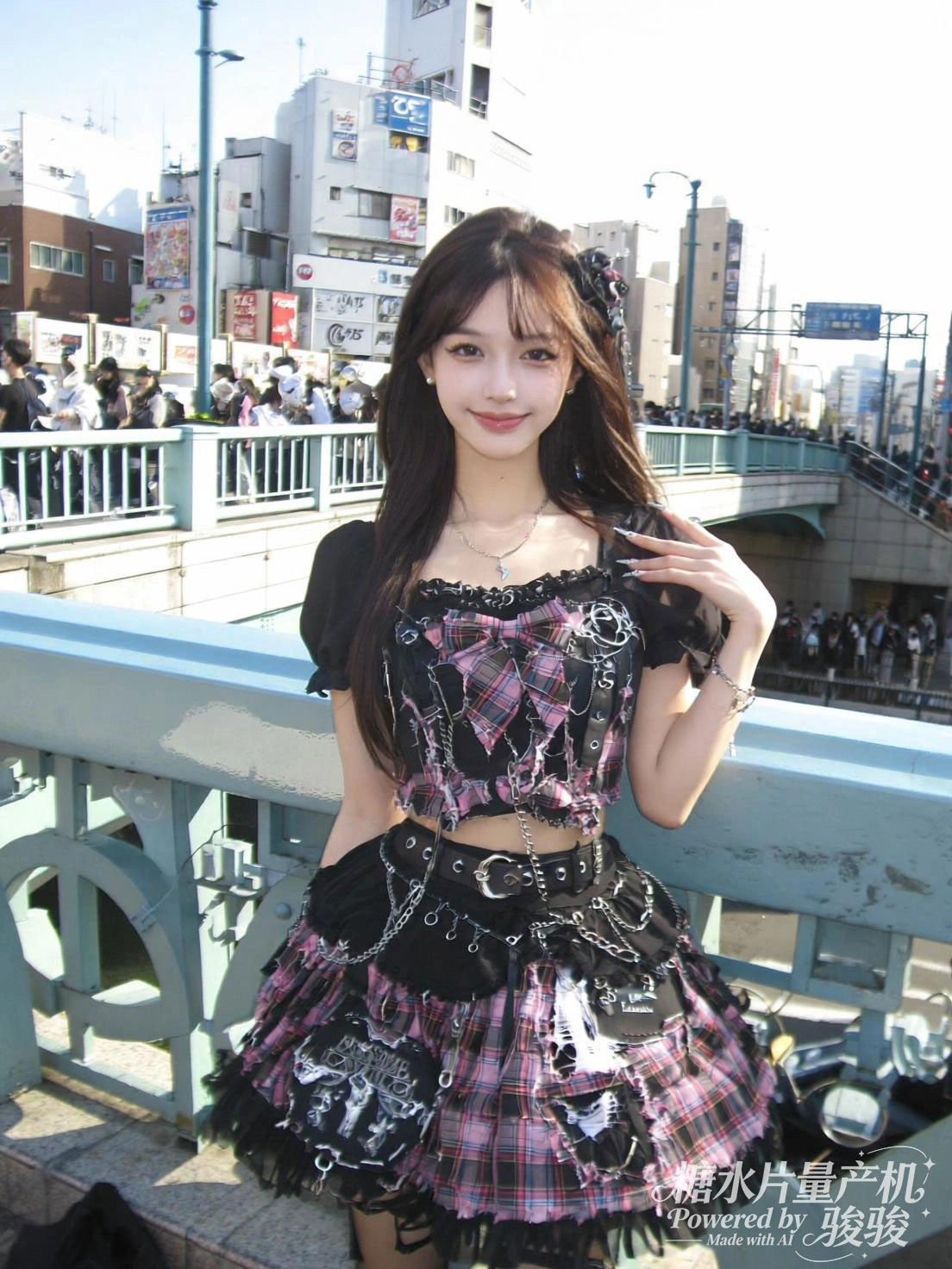 着渐变彩衣，彩虹色头发，灰冷的建筑与穿搭的缤纷交织