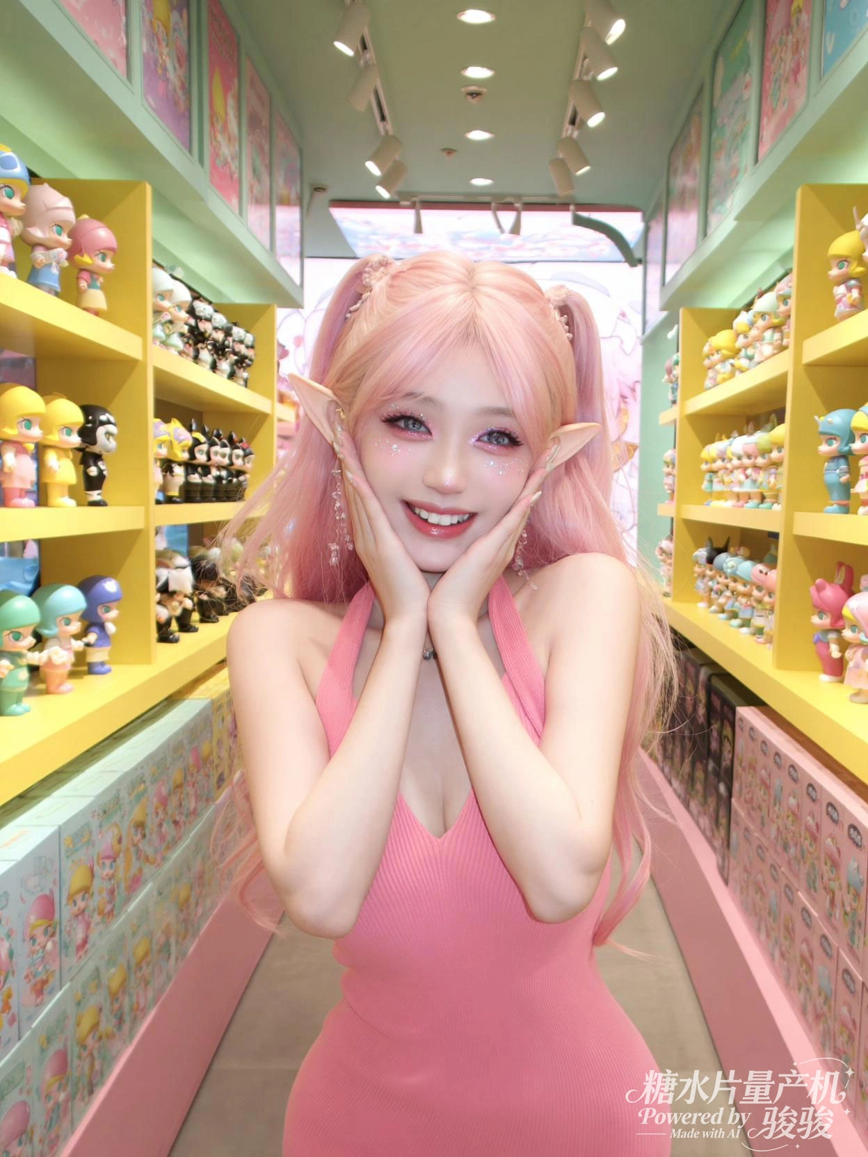 满桌美妆工具与镜前灯光呼应，幕后的精致与互动的亲昵交织