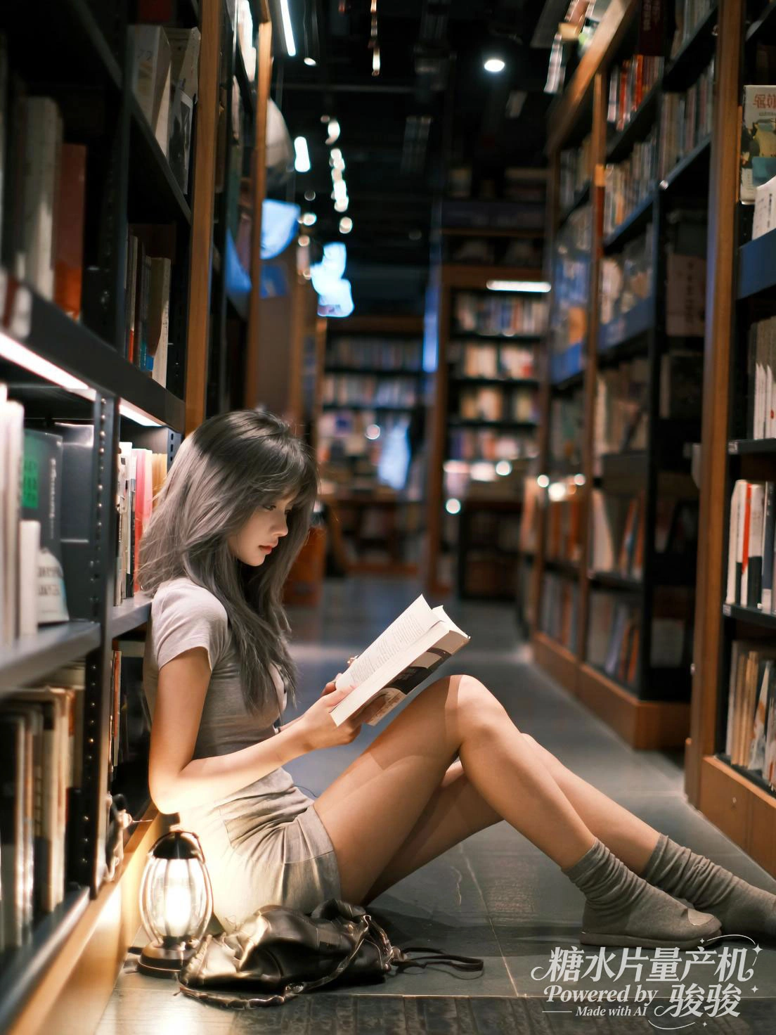 倚着书架捧书阅读，一盏小灯点亮周遭，书海的浩瀚与阅读的专注交织