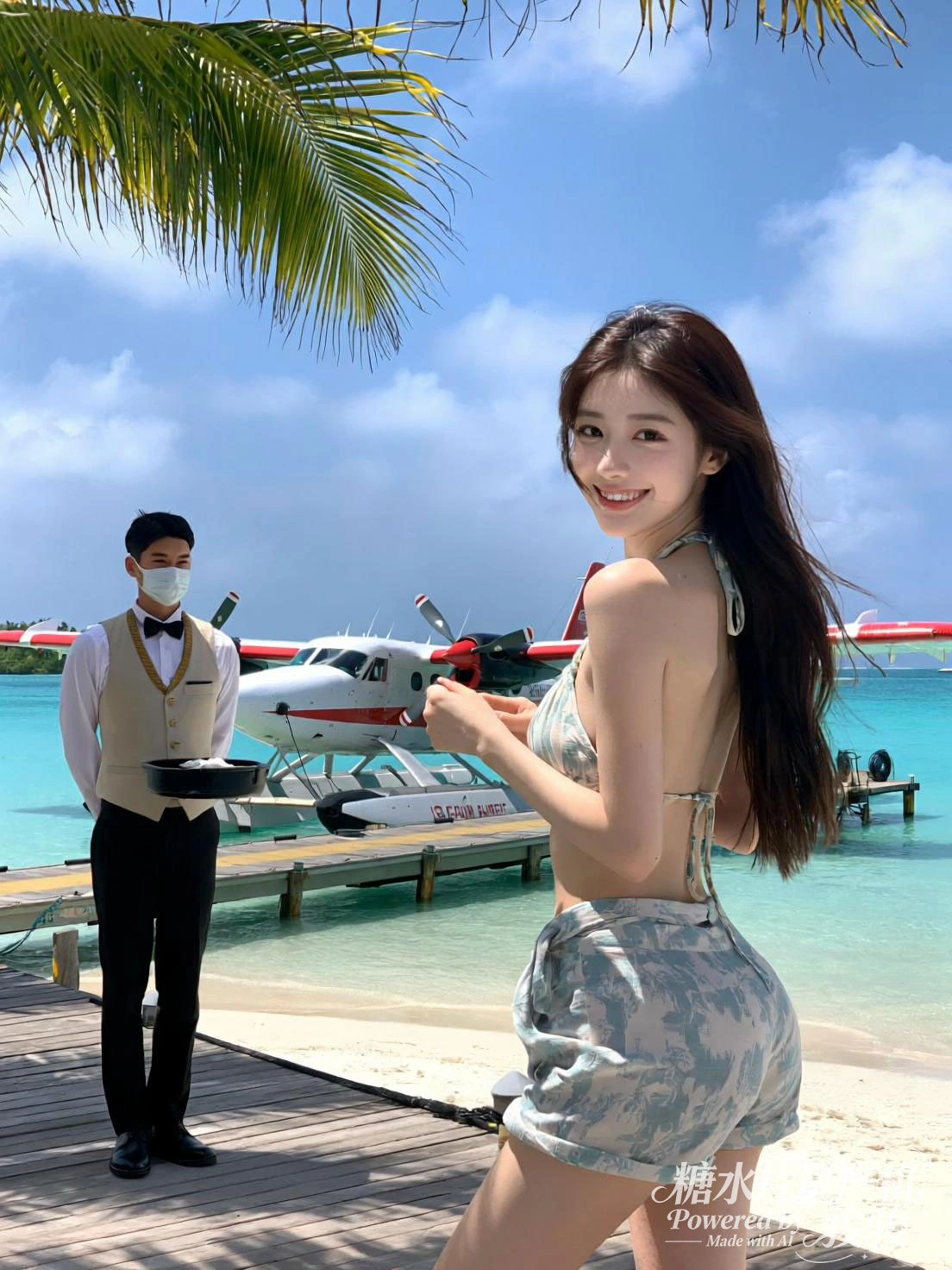 水飞机与澄澈蓝海，棕榈树影摇曳，海岛的度假风情与服务的精致交织