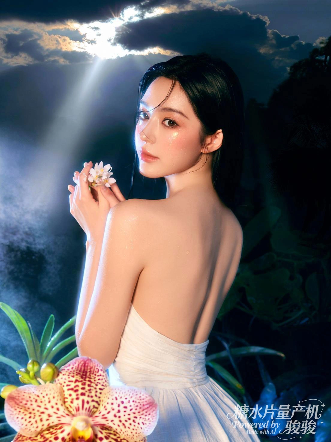 跪坐于竹石之间，园灯晕染，月洞门后景致清幽，中式园林的雅致与服饰的温婉交织 ...