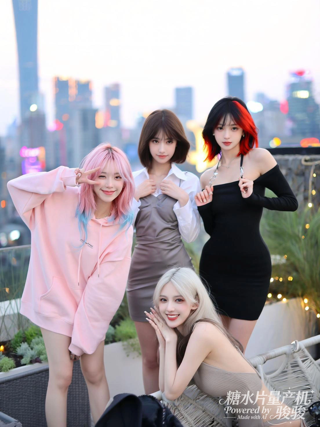 在火焰的绚烂中，身着红色抹胸裙，火花的热烈与裙装的明艳交织