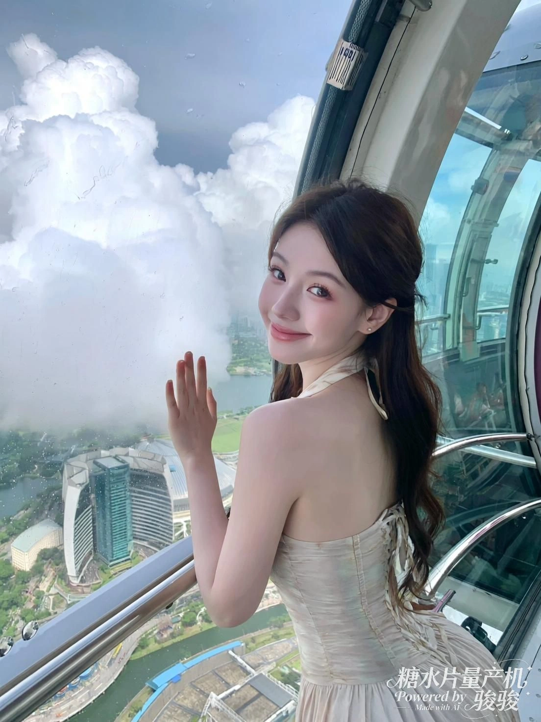 超大份粉色冰淇淋，海水湛蓝，白沙细腻，海滨的明媚与甜筒的诱人交织