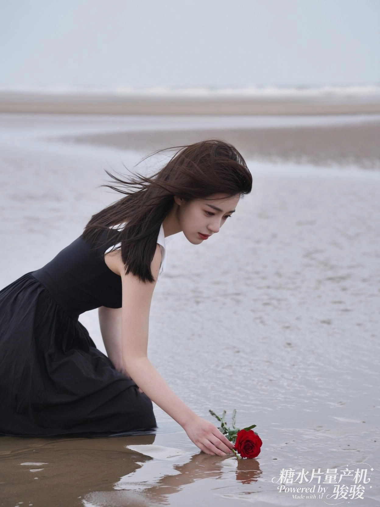 超大份粉色冰淇淋，海水湛蓝，白沙细腻，海滨的明媚与甜筒的诱人交织