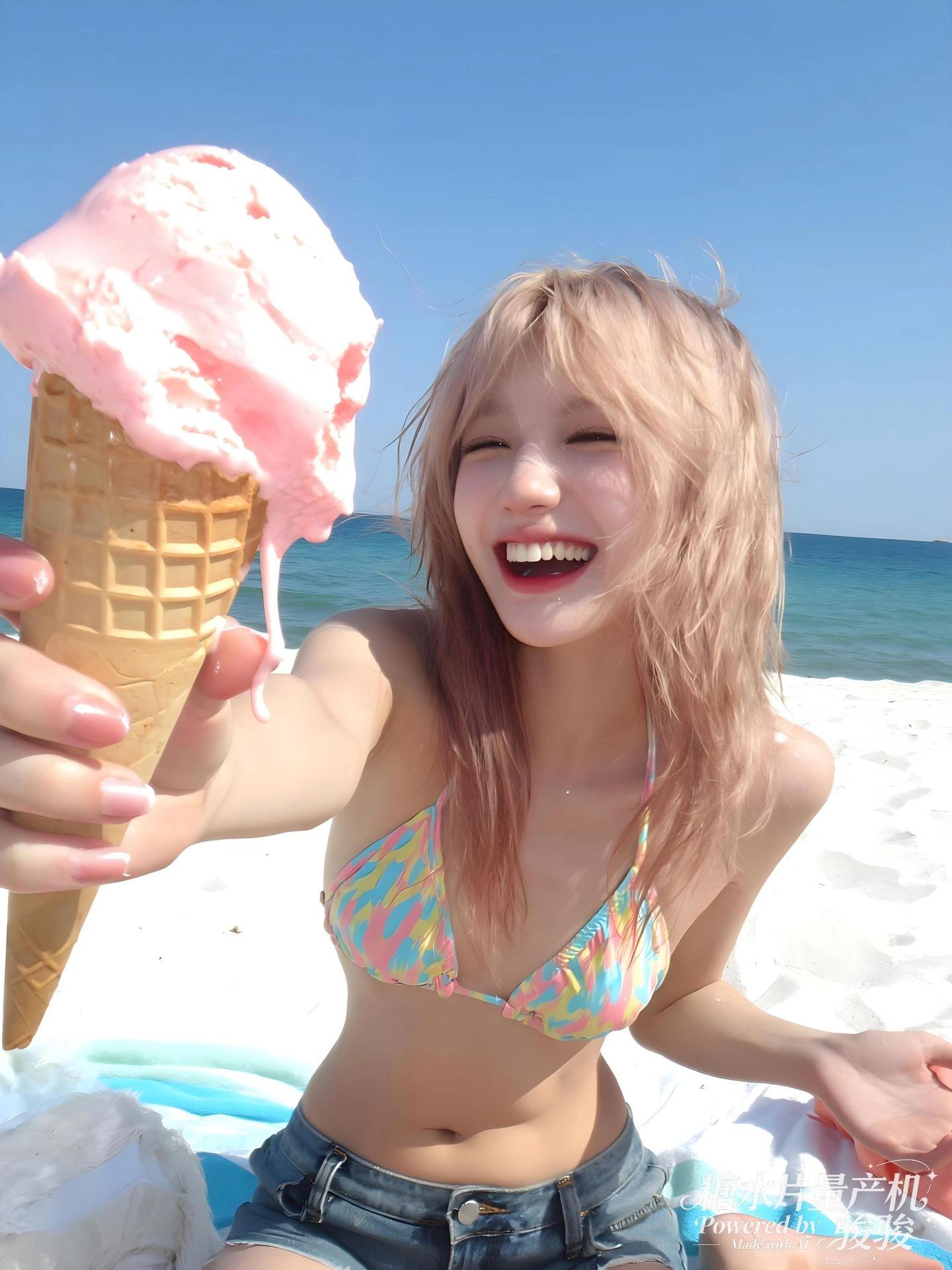 超大份粉色冰淇淋，海水湛蓝，白沙细腻，海滨的明媚与甜筒的诱人交织