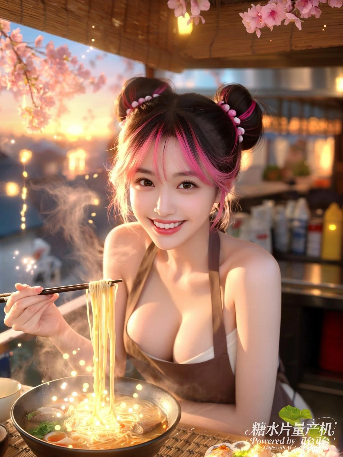 品尝热气腾腾的拉面，夕阳与樱花交织成梦幻背景，日式美食的烟火与造型的甜美碰撞 ...