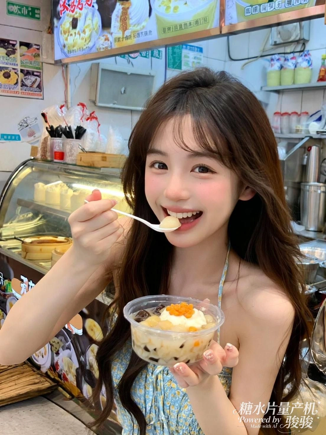 笑容明媚，琳琅满目的小吃与菜单，烟火气的街巷与美食的甜蜜交织