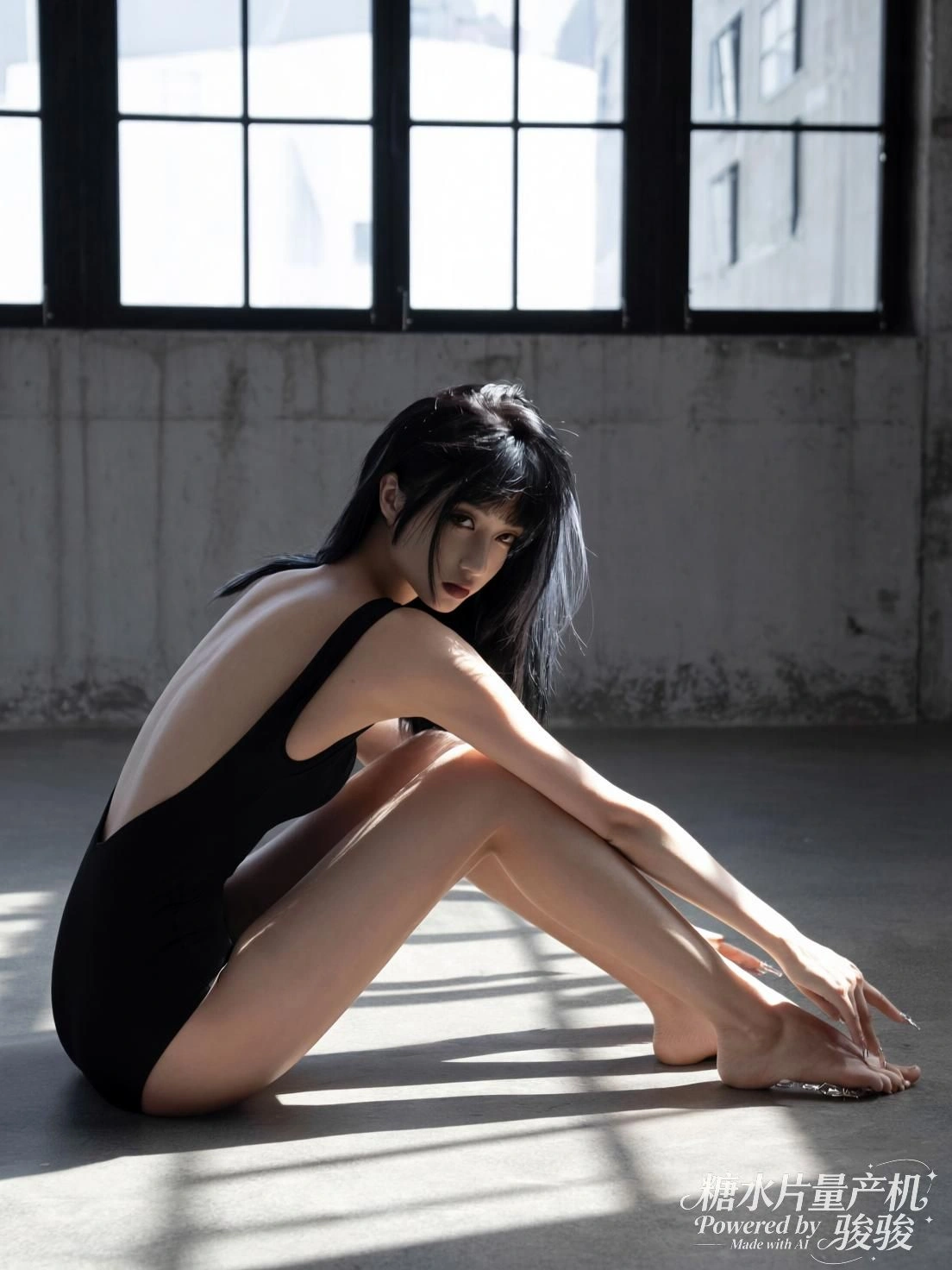 光影在水泥墙与肌肤上交错，窗框切割出明亮的背景，冷硬的工业感与穿搭的性感交织 ...