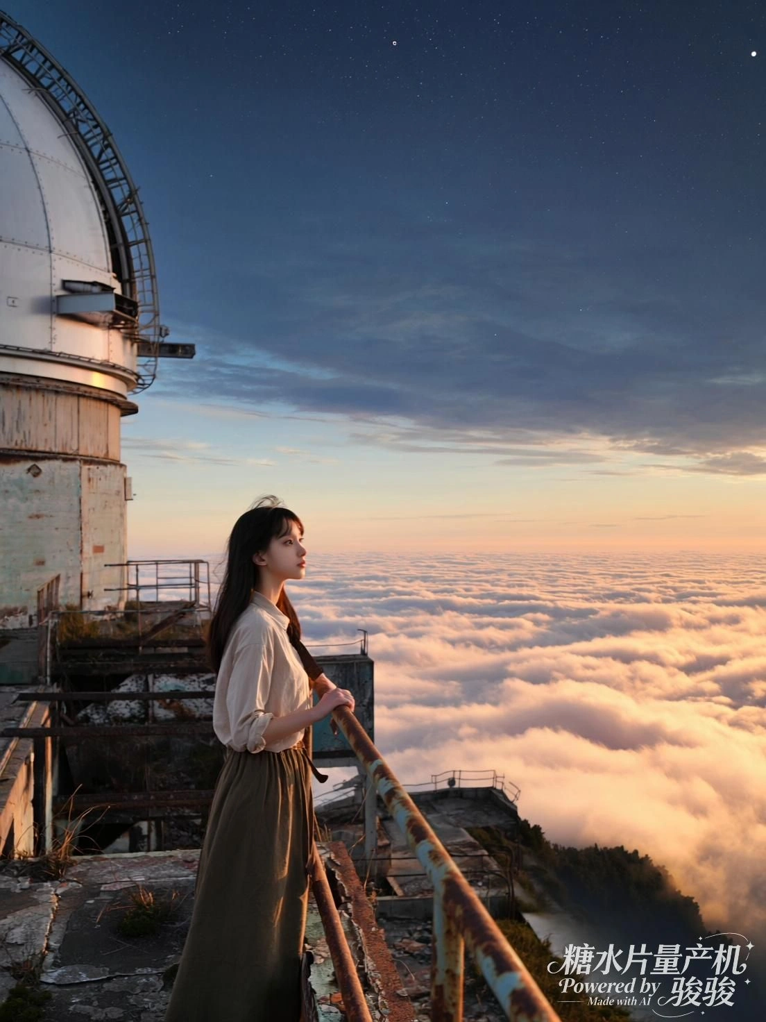 发丝被晚风扬起，周围野花点缀着铁轨碎石，落日的温柔与音乐的随性交织