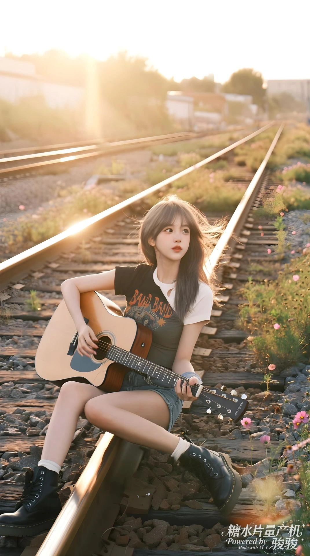 发丝被晚风扬起，周围野花点缀着铁轨碎石，落日的温柔与音乐的随性交织