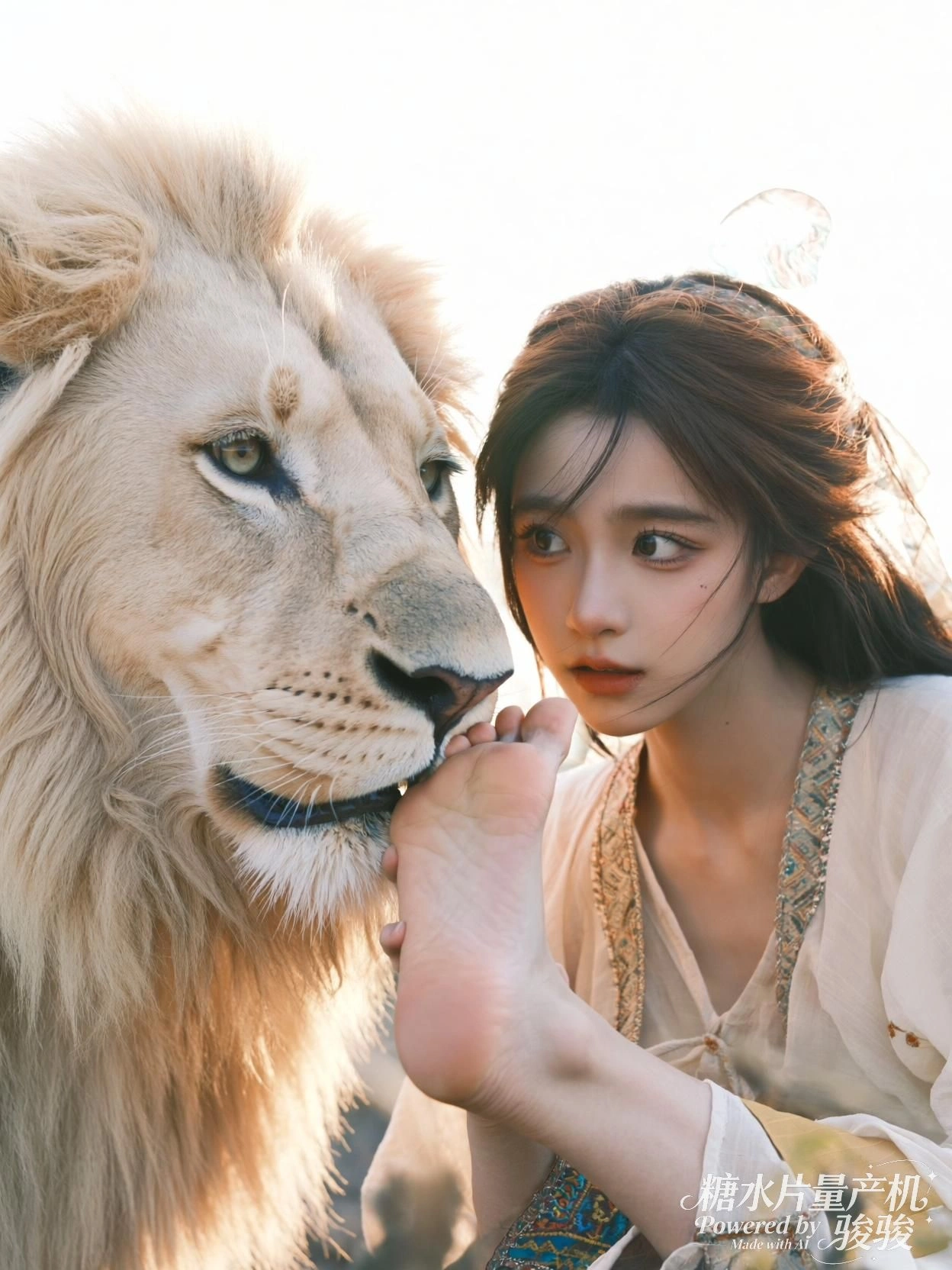 她将脚递向狮子，温柔与野性在光中达成静默的契约
