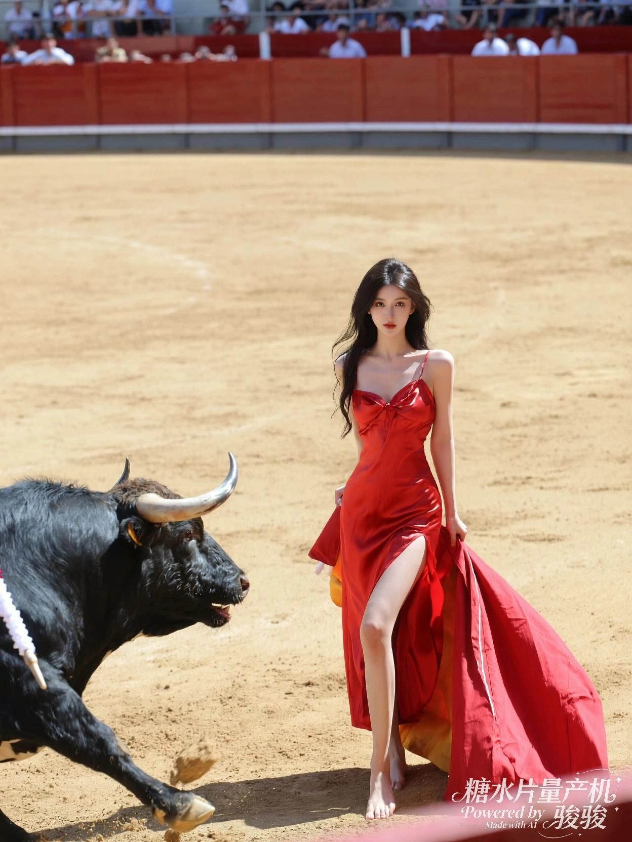 红裙如火，她立于尘土与怒吼之间，静止即最深的对抗