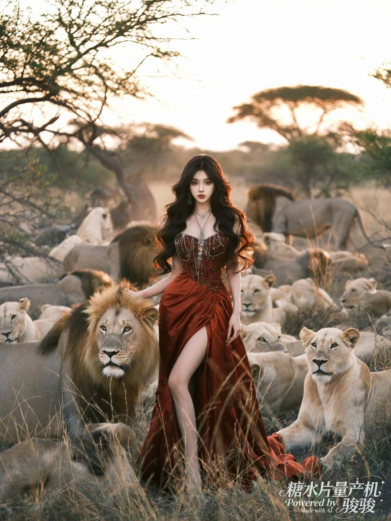 她立于狮群中央，华服与荒野在暮色中彼此成全
