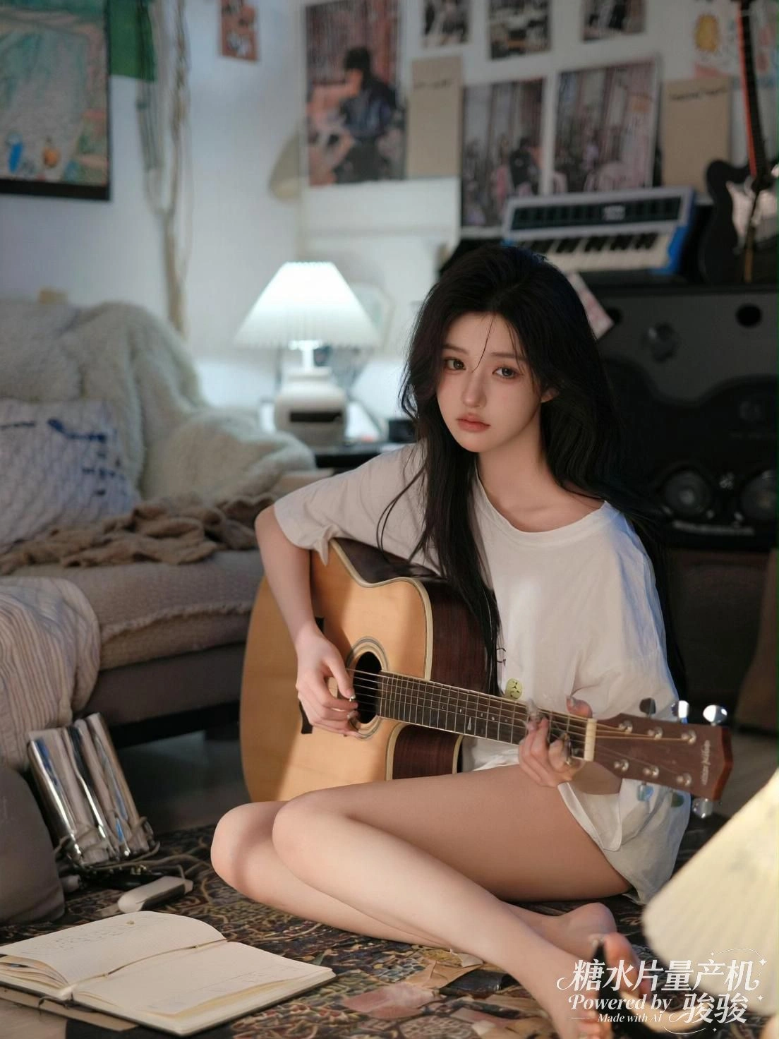 吉他轻拨，她以静默的弦音缝合房间的寂静