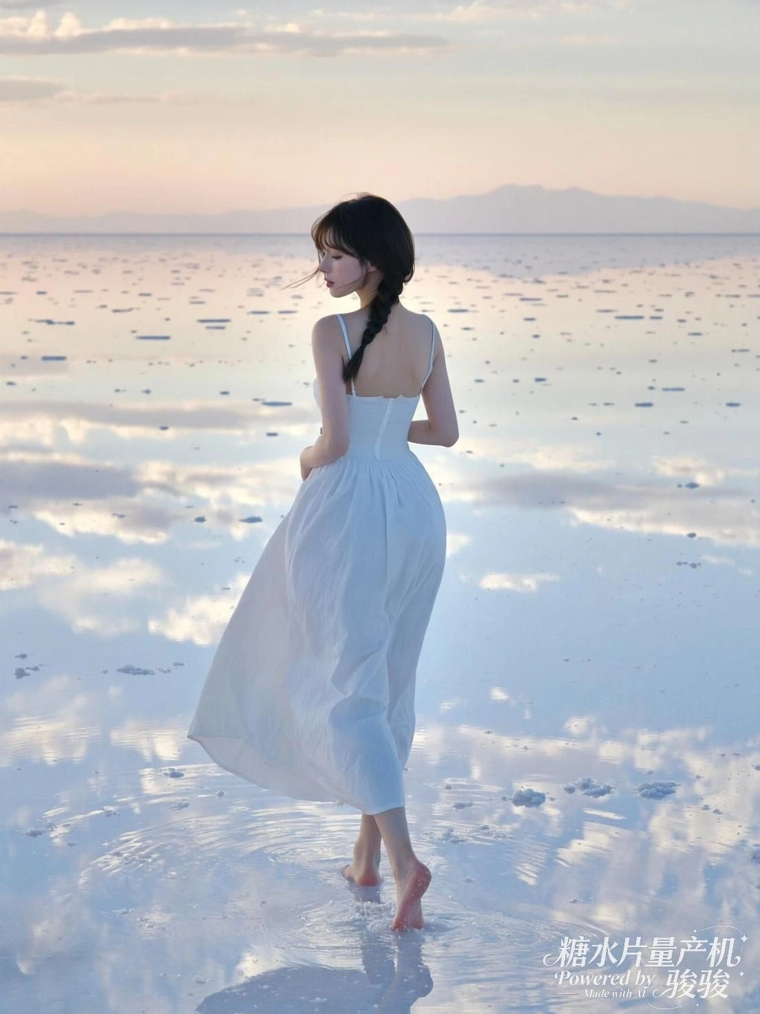 她赤足行于镜面湖，天地间只剩一步一痕的寂静