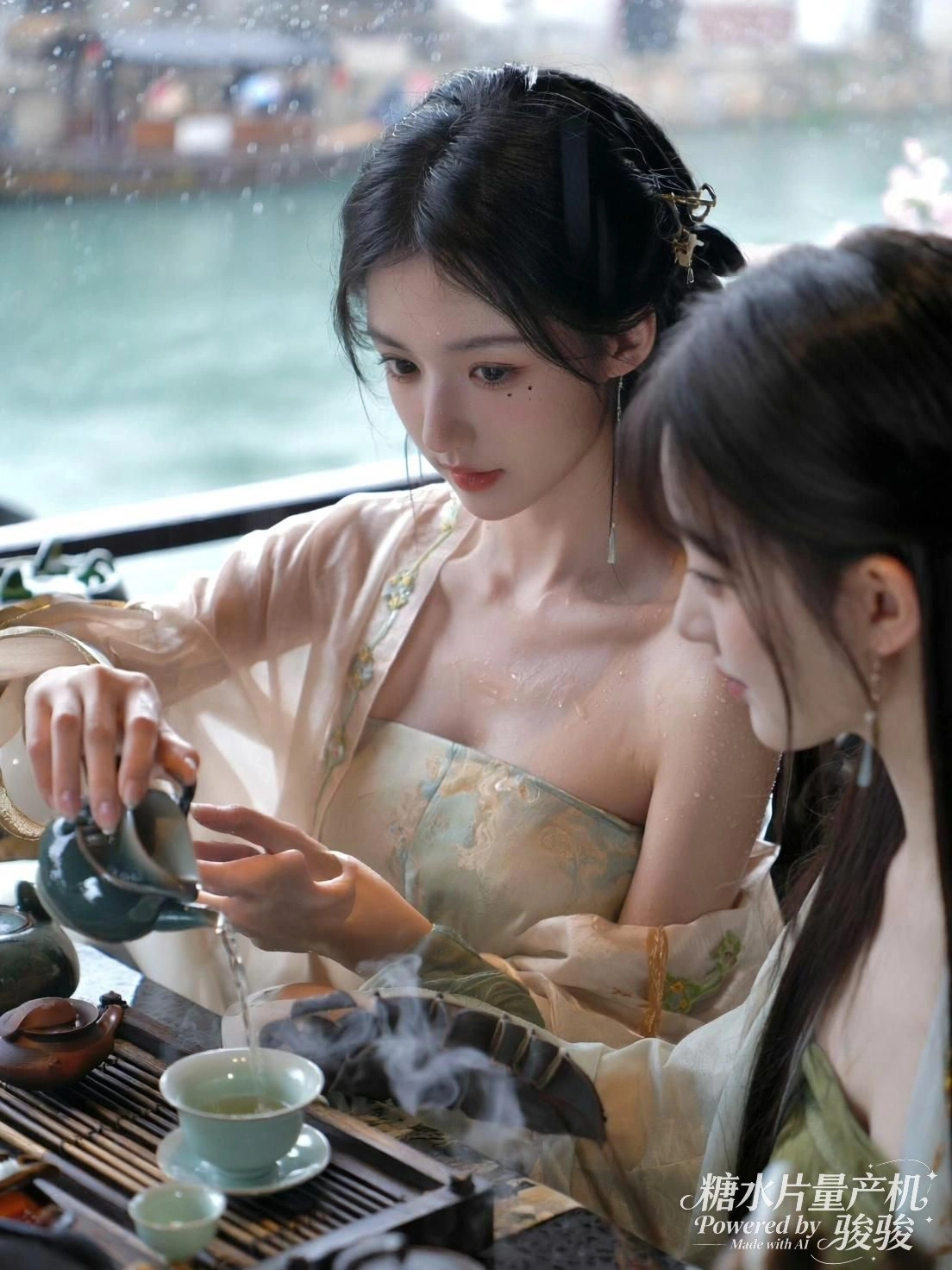 红衣立于雾中桥，风与铁索将她推向远方的静默