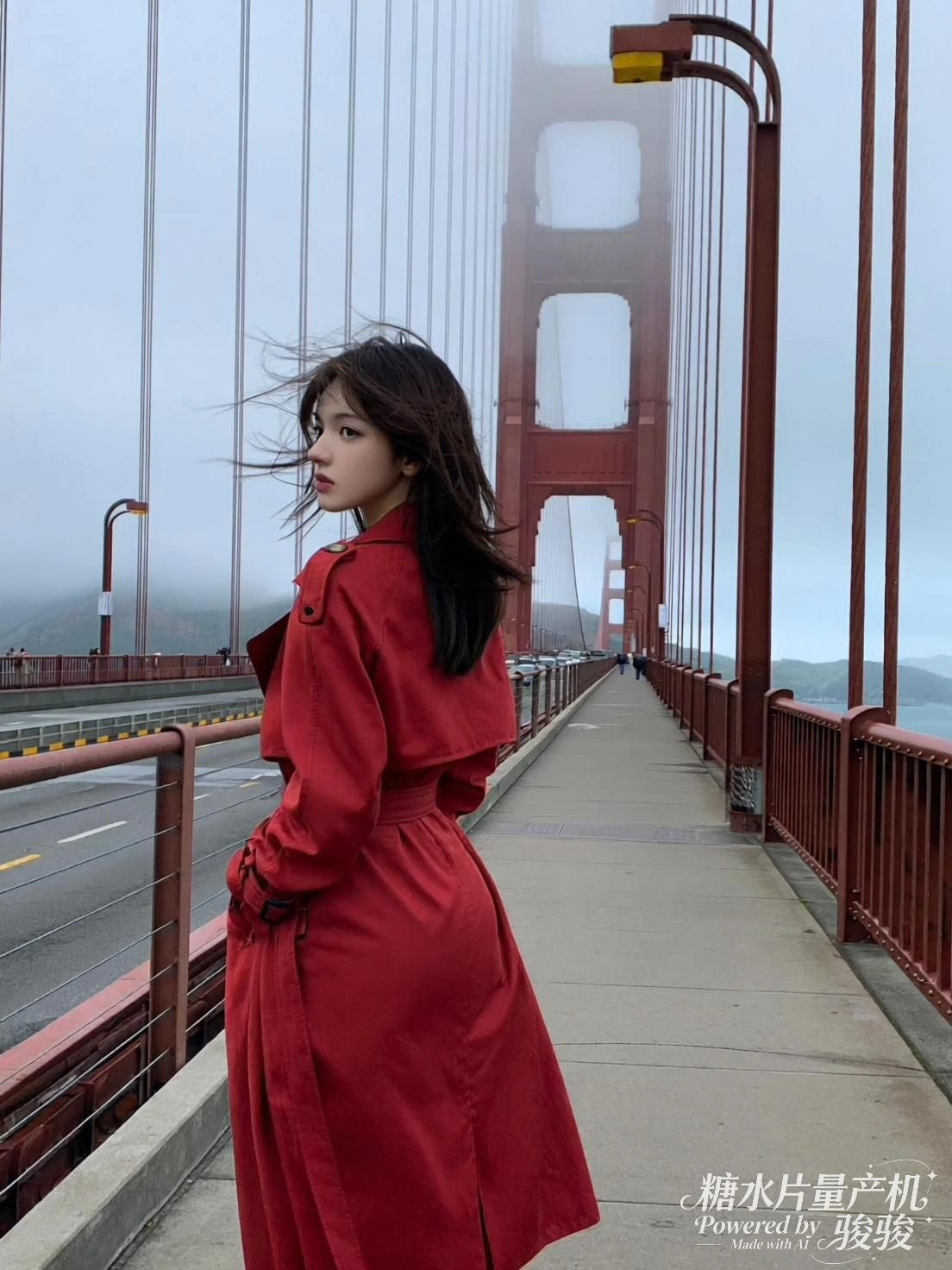 红衣立于雾中桥，风与铁索将她推向远方的静默