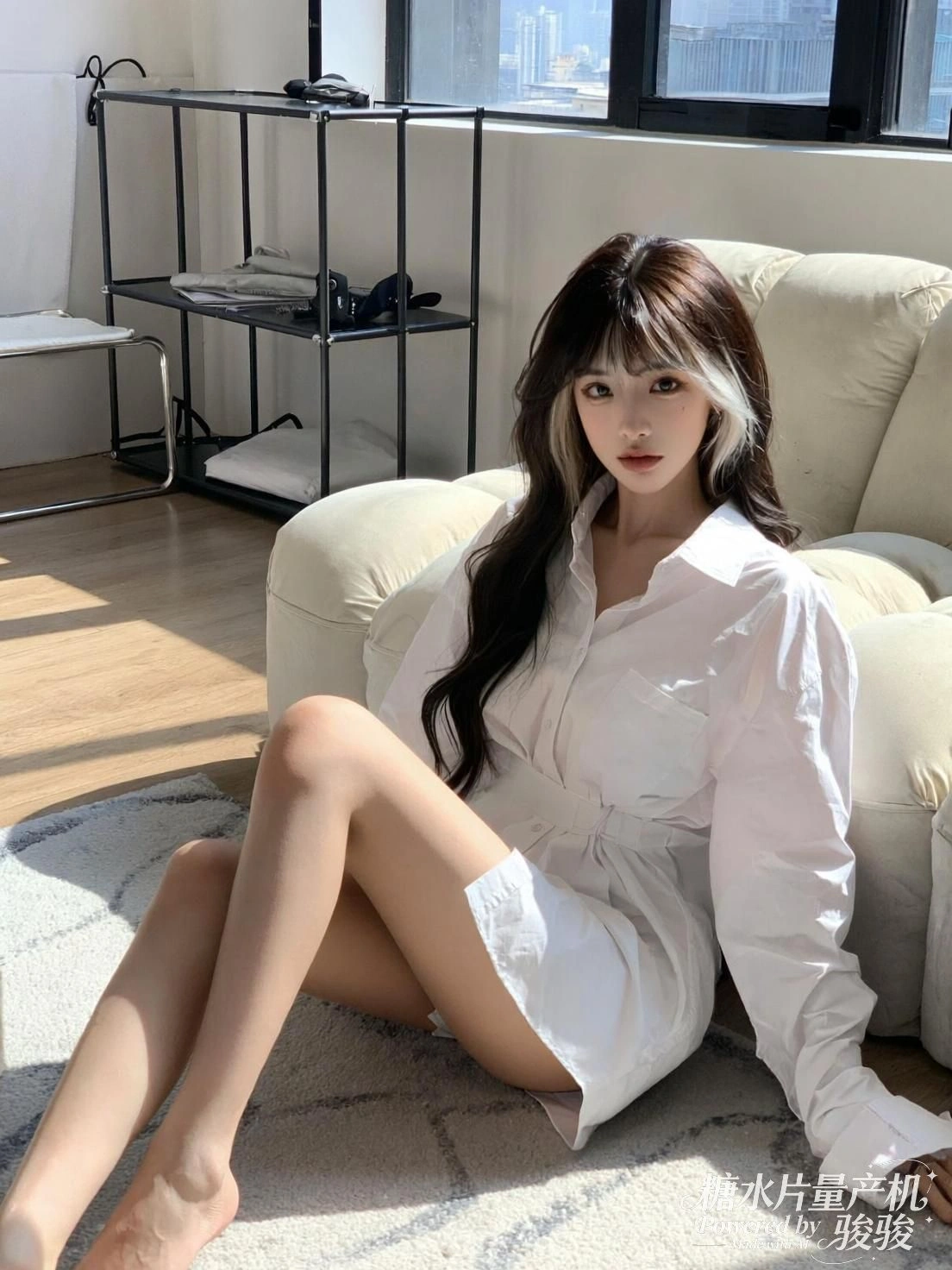 光洒在白裙与地板之间，她静坐如一段未完成的晨间叙事