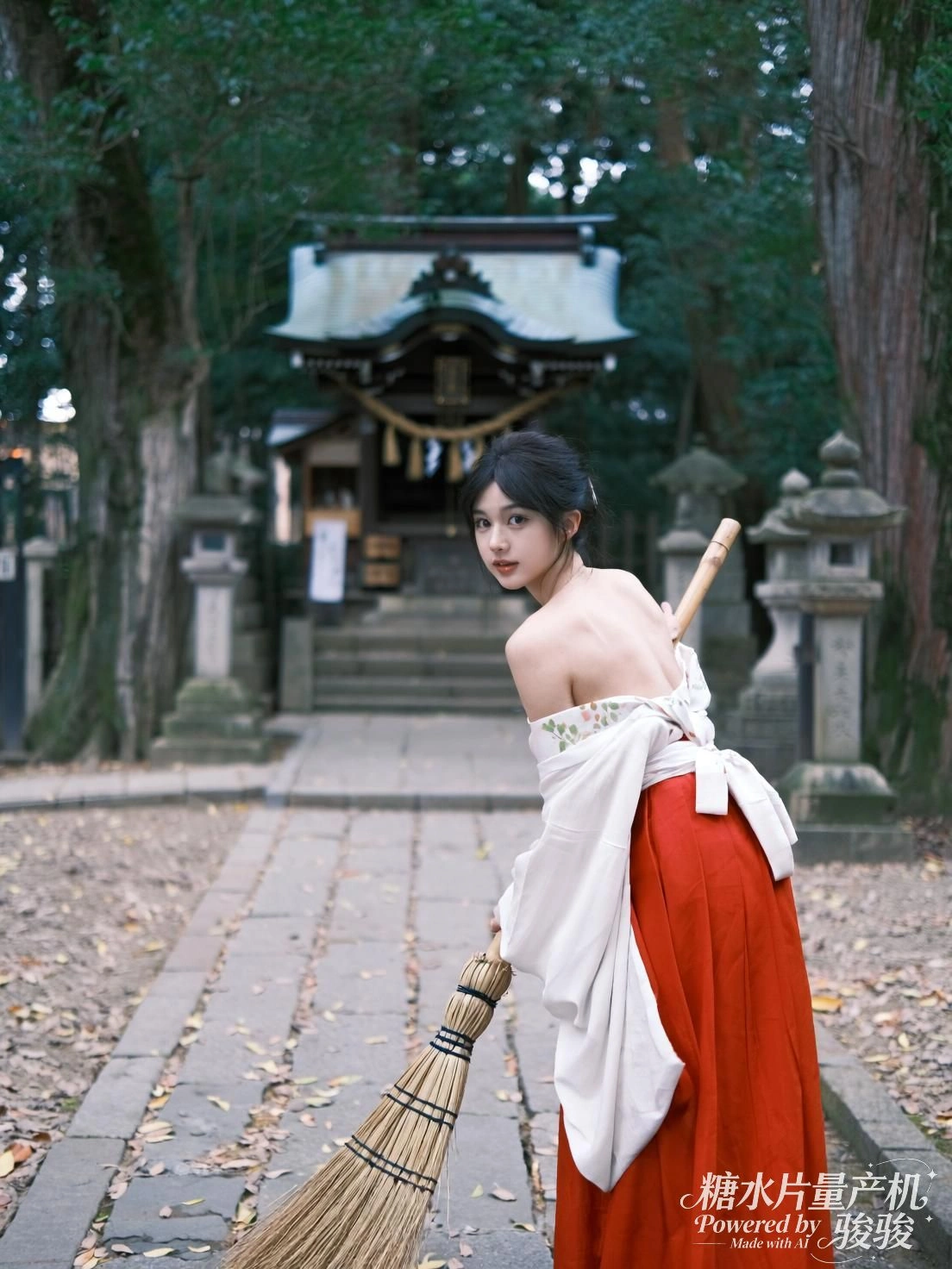 她执帚而立，红裙与古木共守一方静默的秩序