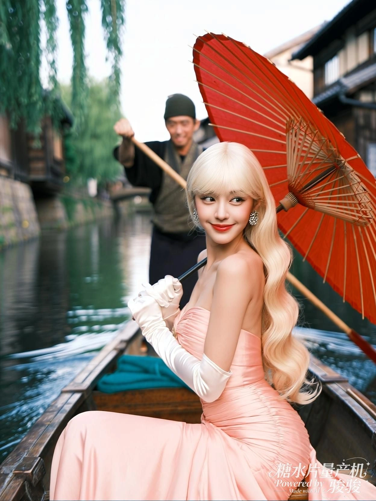 她执帚而立，红裙与古木共守一方静默的秩序