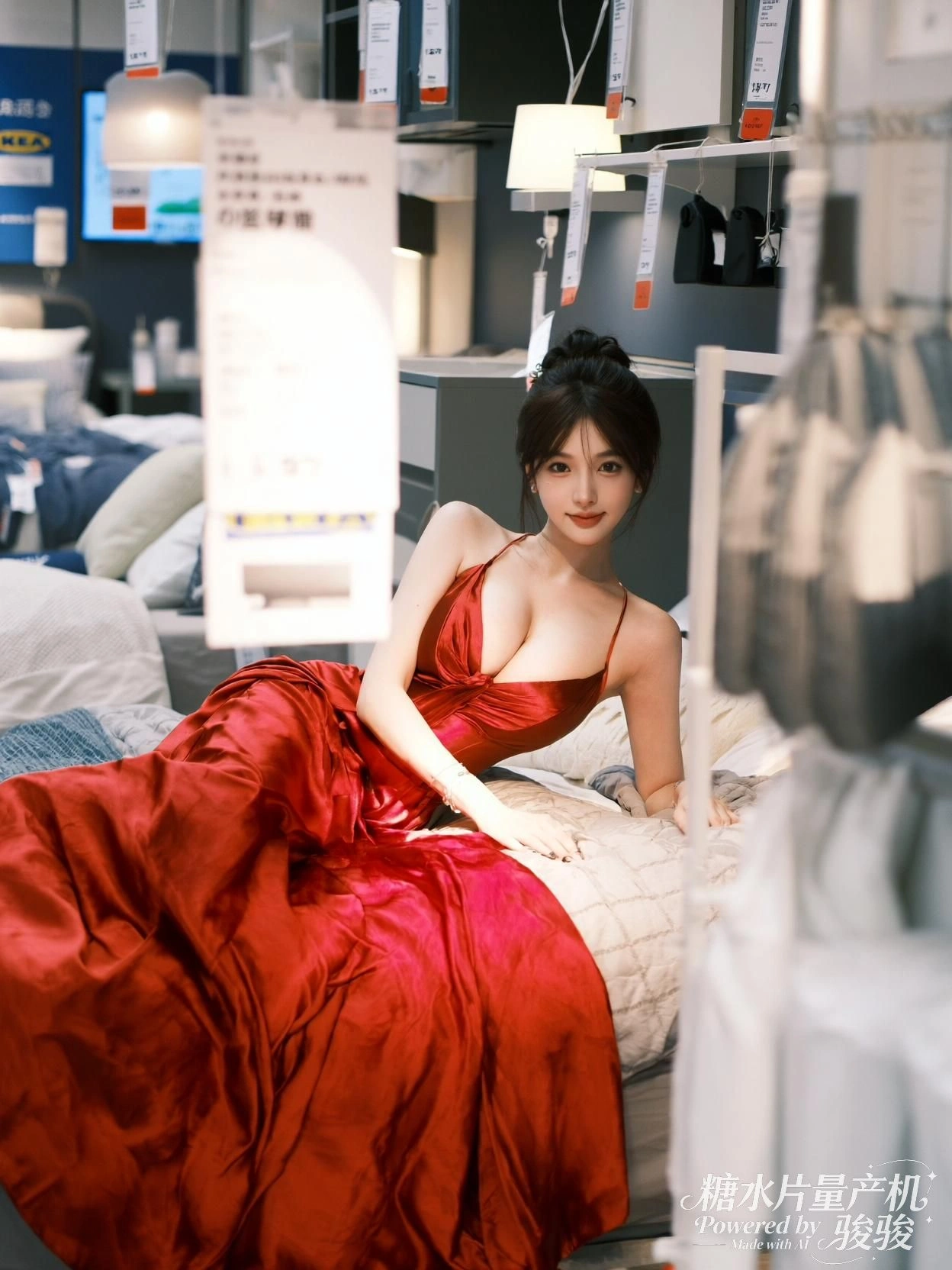 红裙铺展于陈列床，她以姿态打破空间的沉默秩序