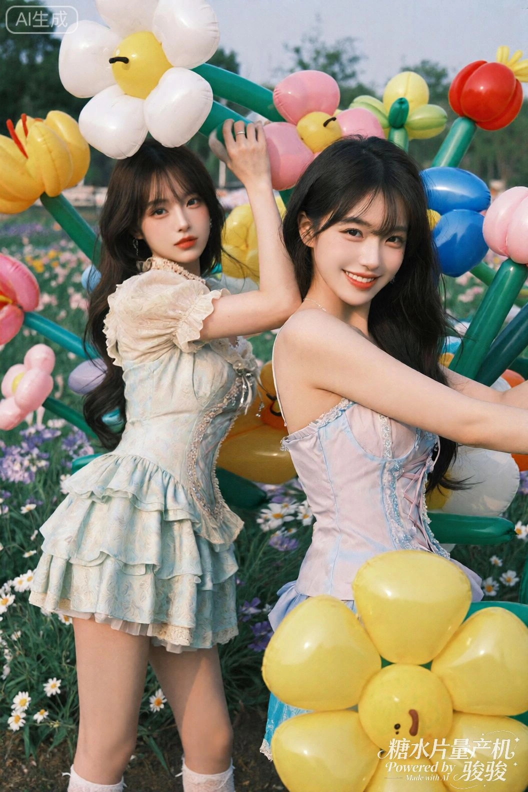 她们在气球花丛中微笑，仿佛世界本应如此轻盈