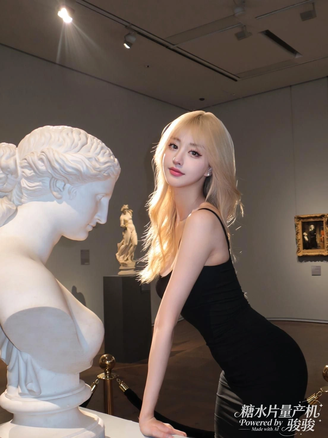 她立于屋顶花丛，掌心托起宇宙的碎裂与光