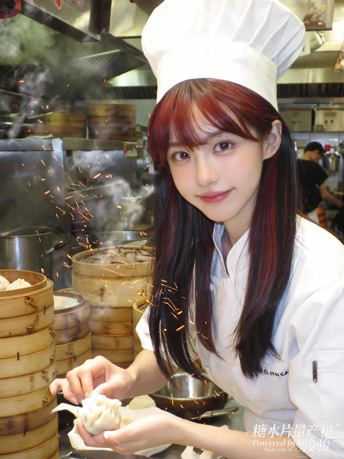 她立于屋顶花丛，掌心托起宇宙的碎裂与光