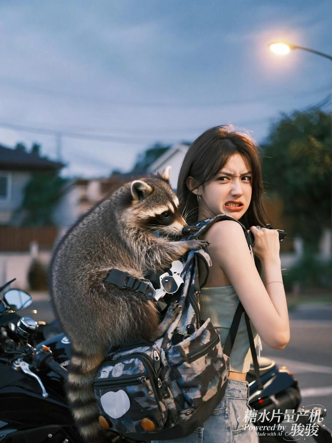 她立于屋顶花丛，掌心托起宇宙的碎裂与光