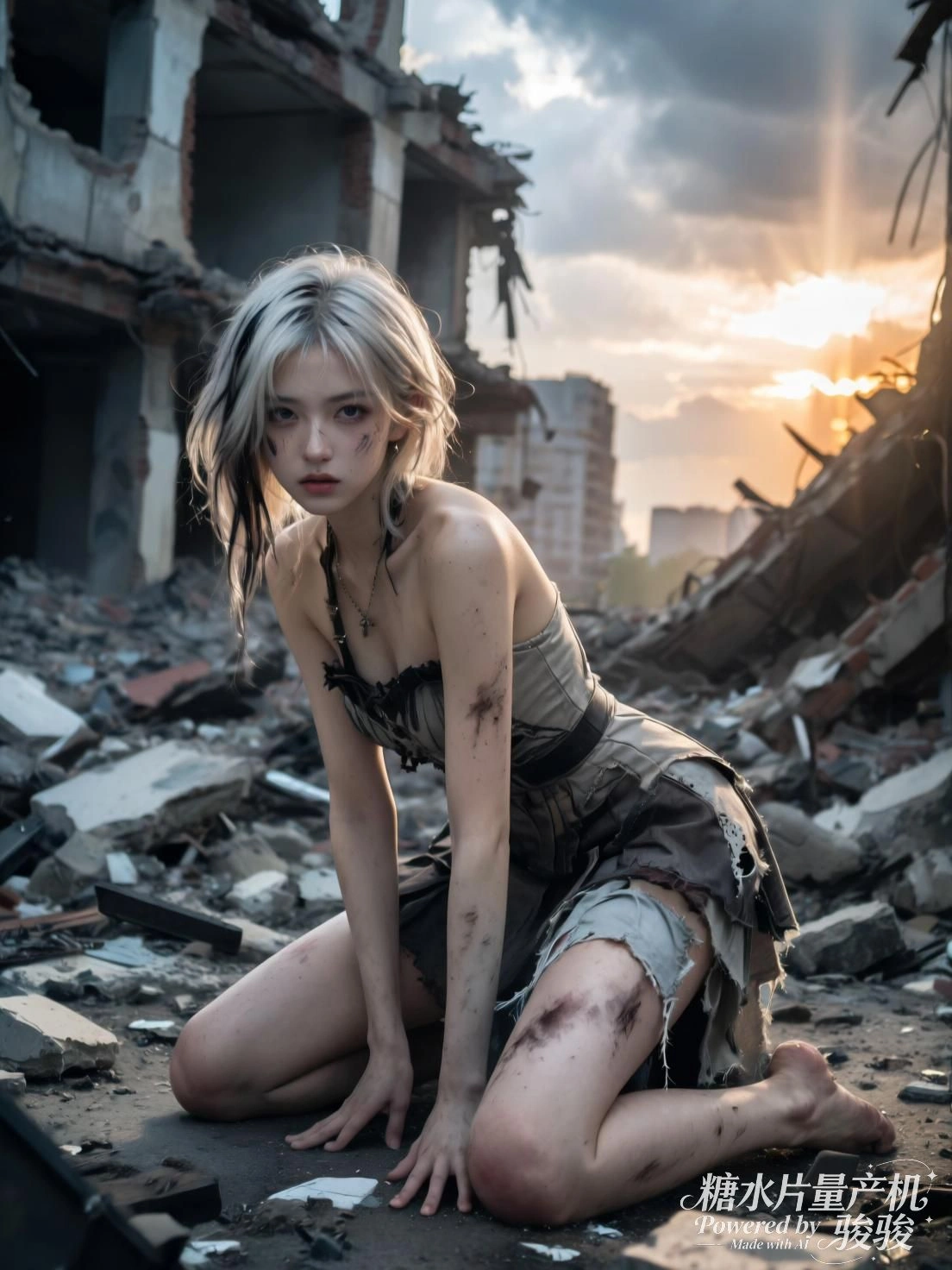 她立于屋顶花丛，掌心托起宇宙的碎裂与光