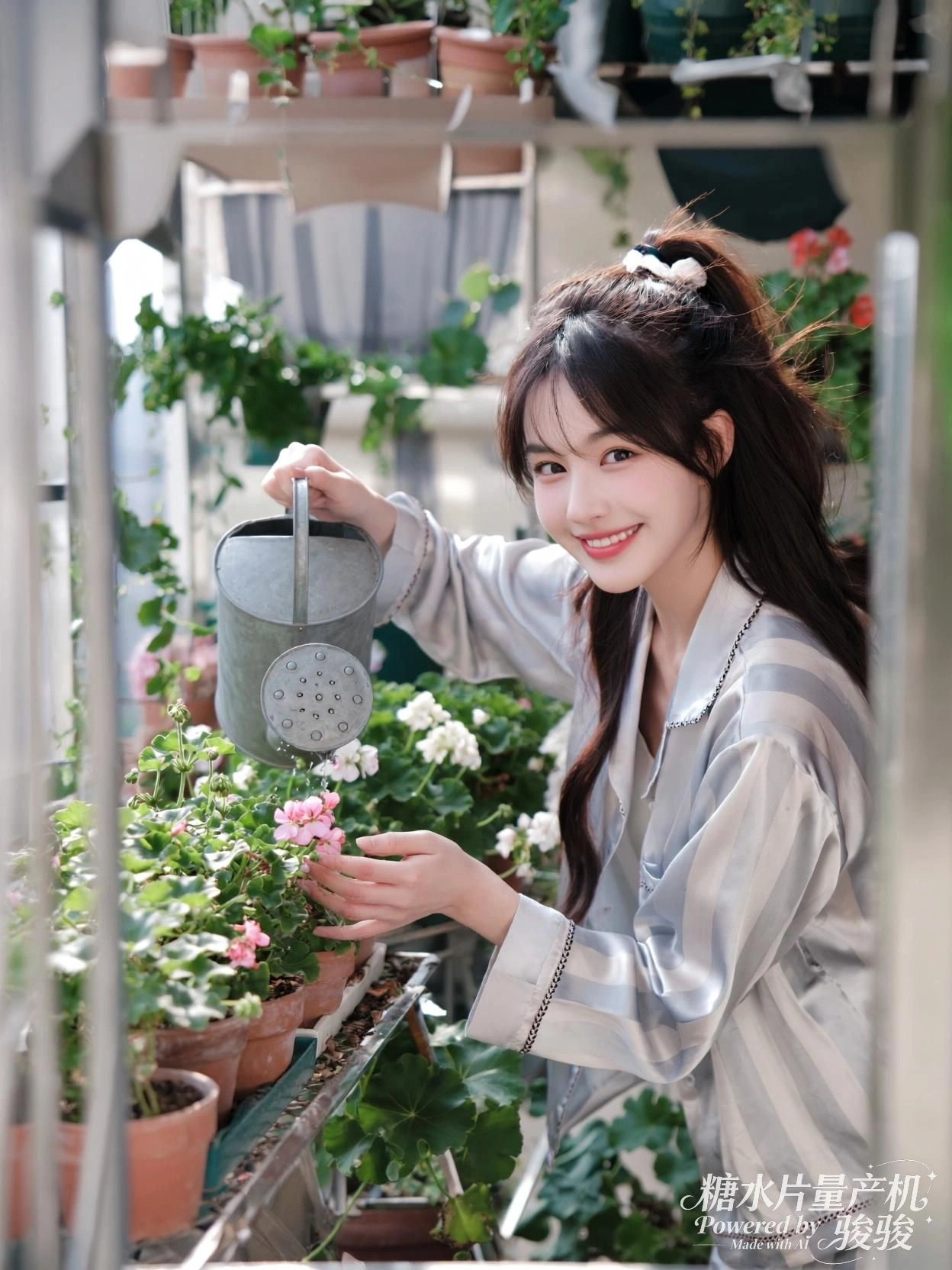 她立于屋顶花丛，掌心托起宇宙的碎裂与光