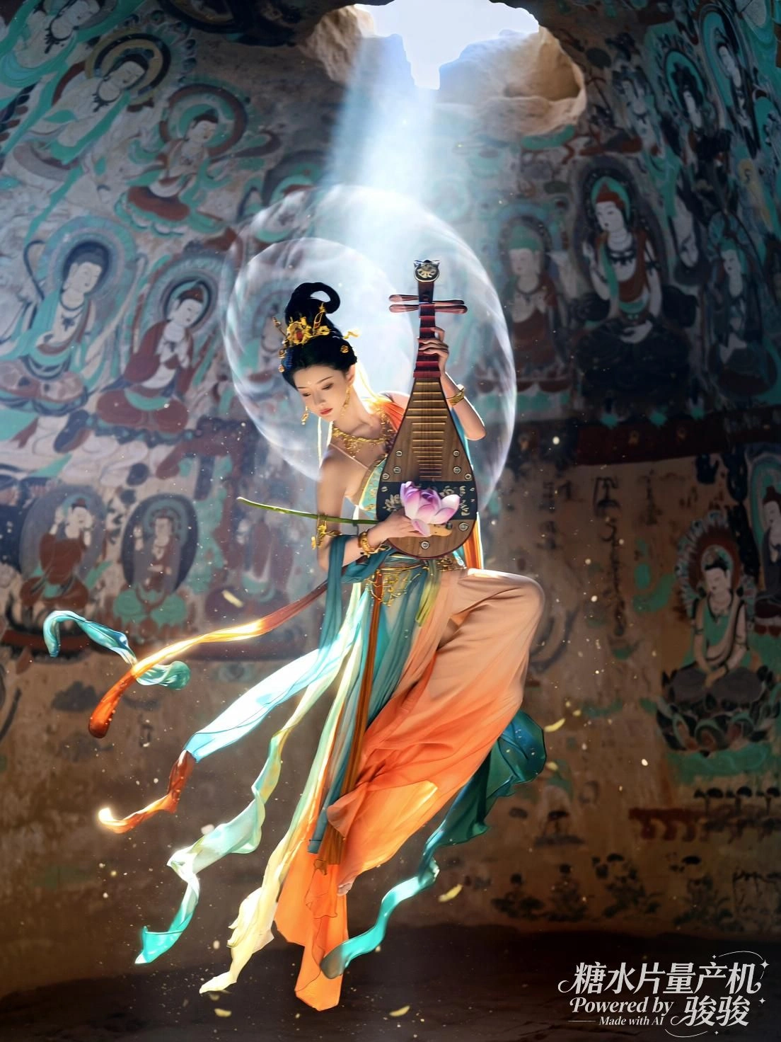 她立于屋顶花丛，掌心托起宇宙的碎裂与光