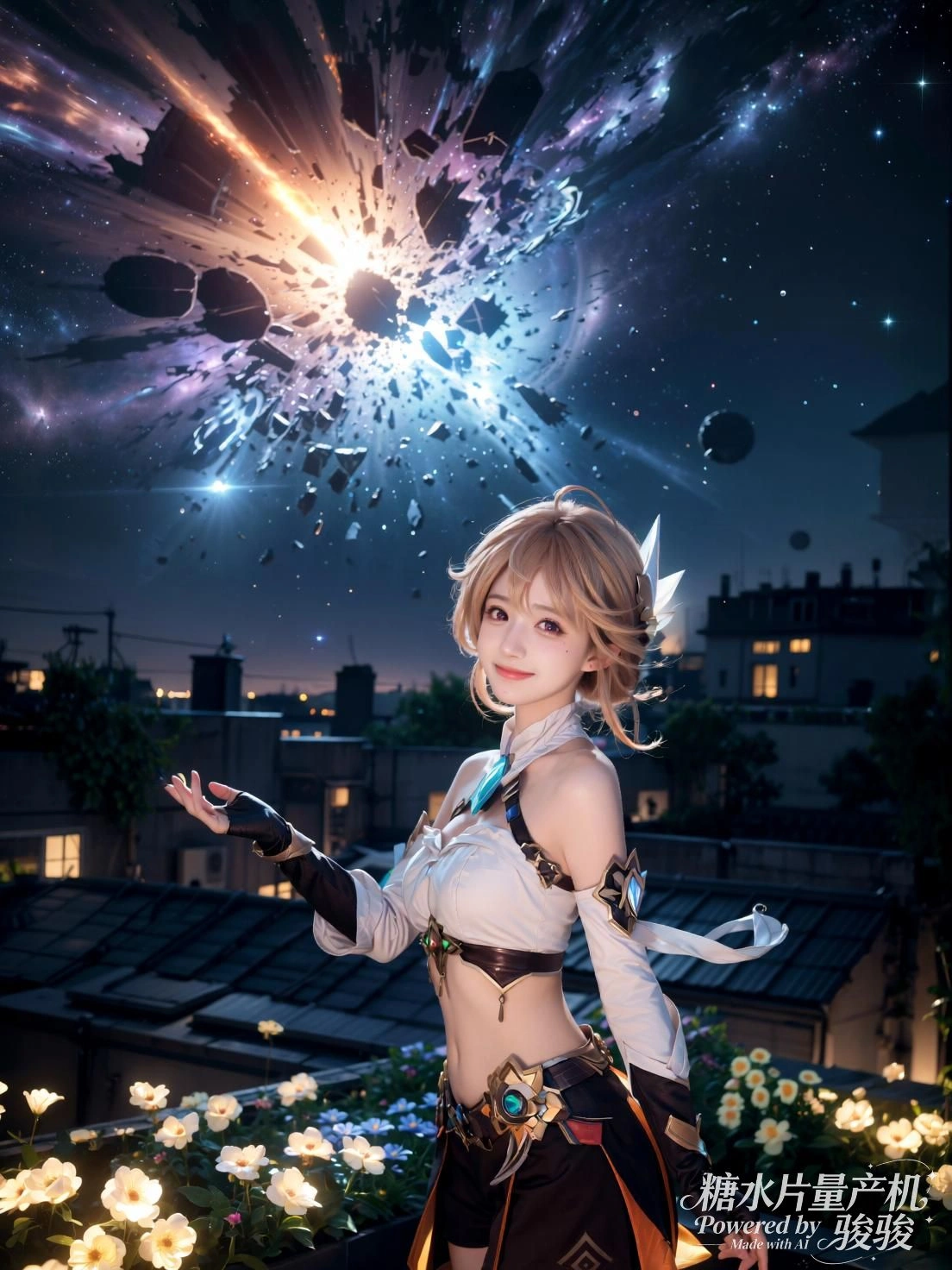 她立于屋顶花丛，掌心托起宇宙的碎裂与光