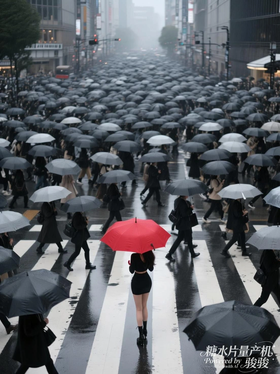 红伞穿行于灰海，她以孤影划破城市的沉默节奏
