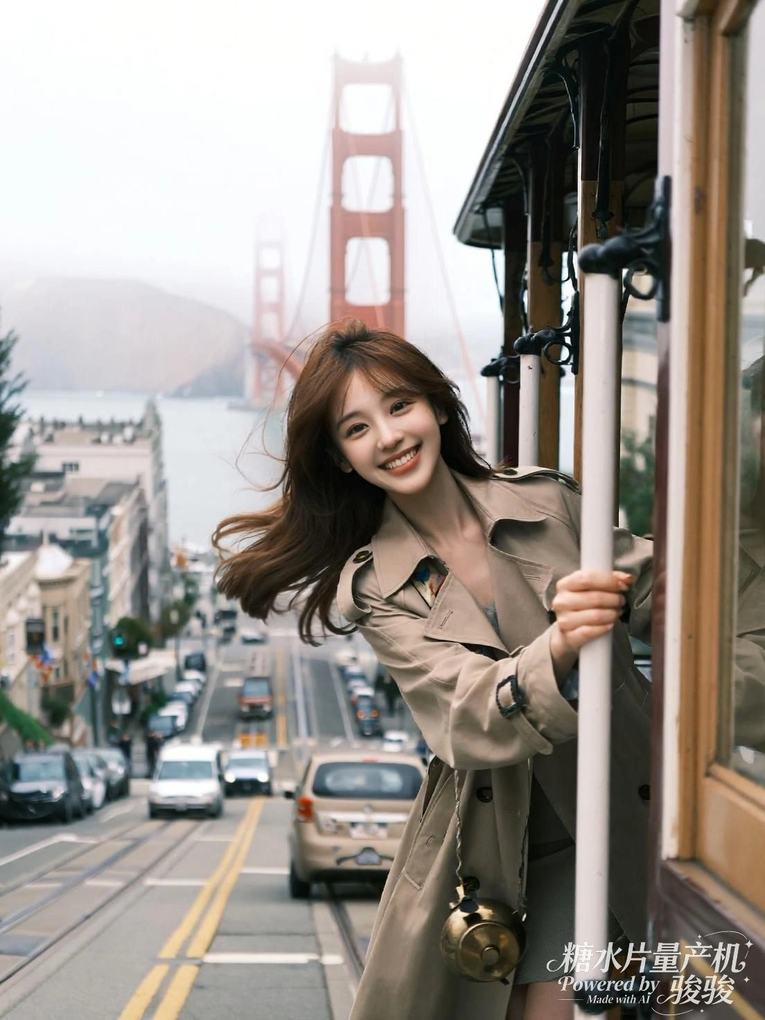 她倚在车门边，风卷发丝，城市在雾中缓缓流动