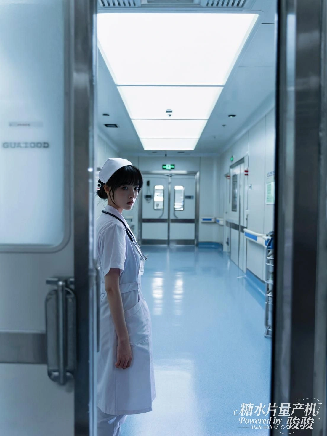 她立于红亭，雨中凝望，城市在玻璃上模糊成诗