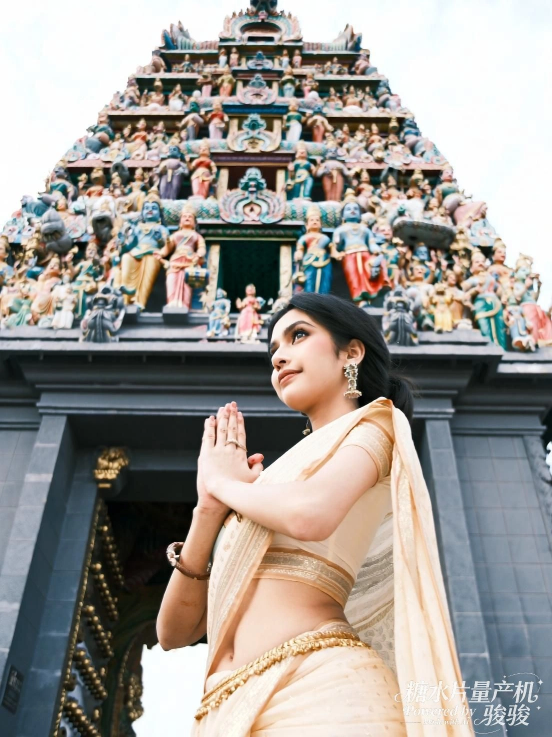 她立于红亭，雨中凝望，城市在玻璃上模糊成诗