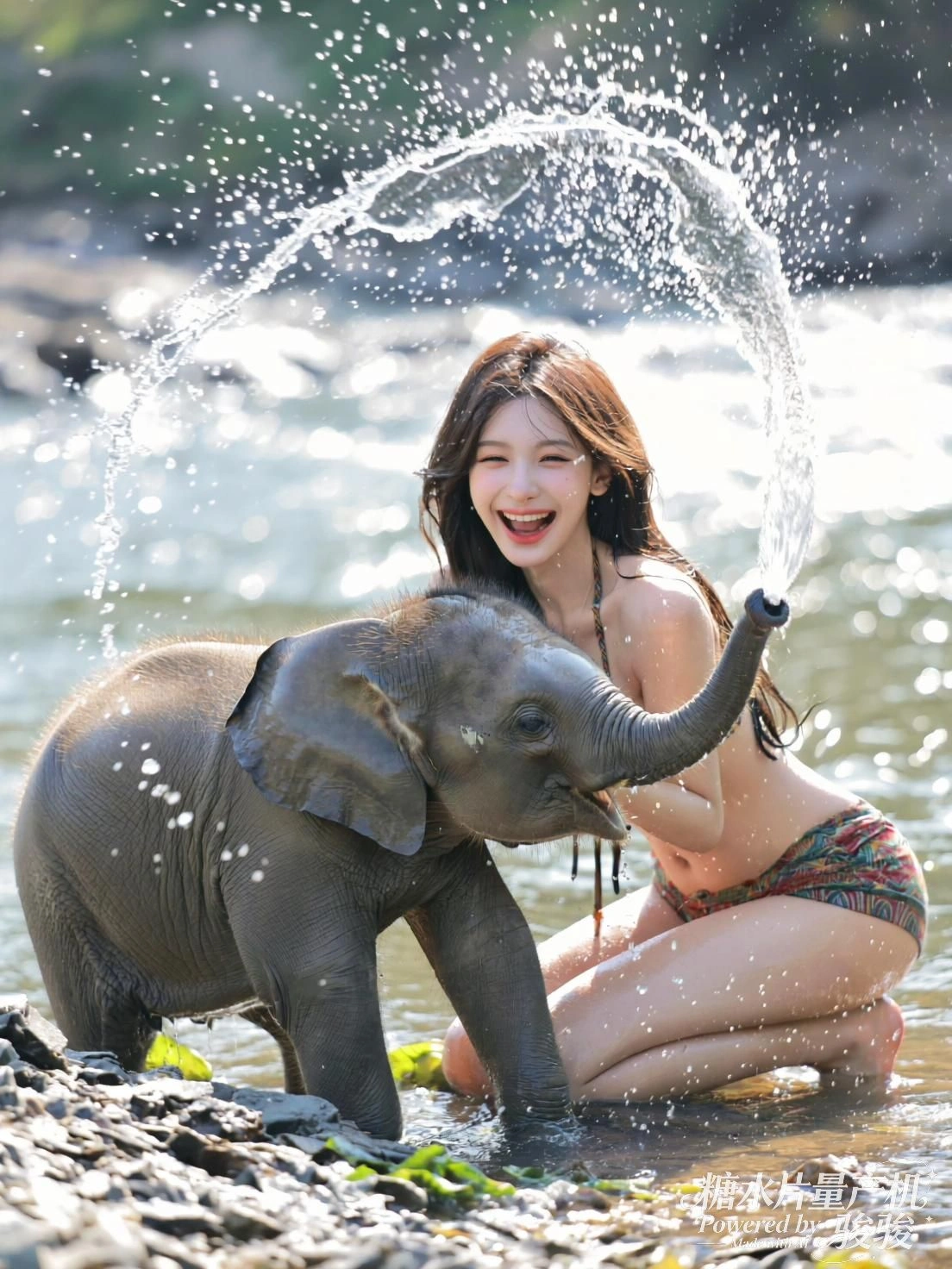 她立于红亭，雨中凝望，城市在玻璃上模糊成诗