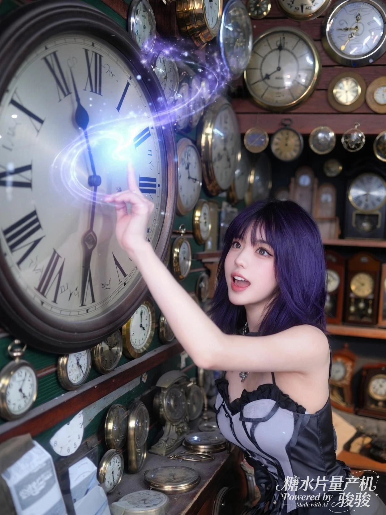 她指尖轻触钟面，光旋升起，时间在刹那间碎成星尘