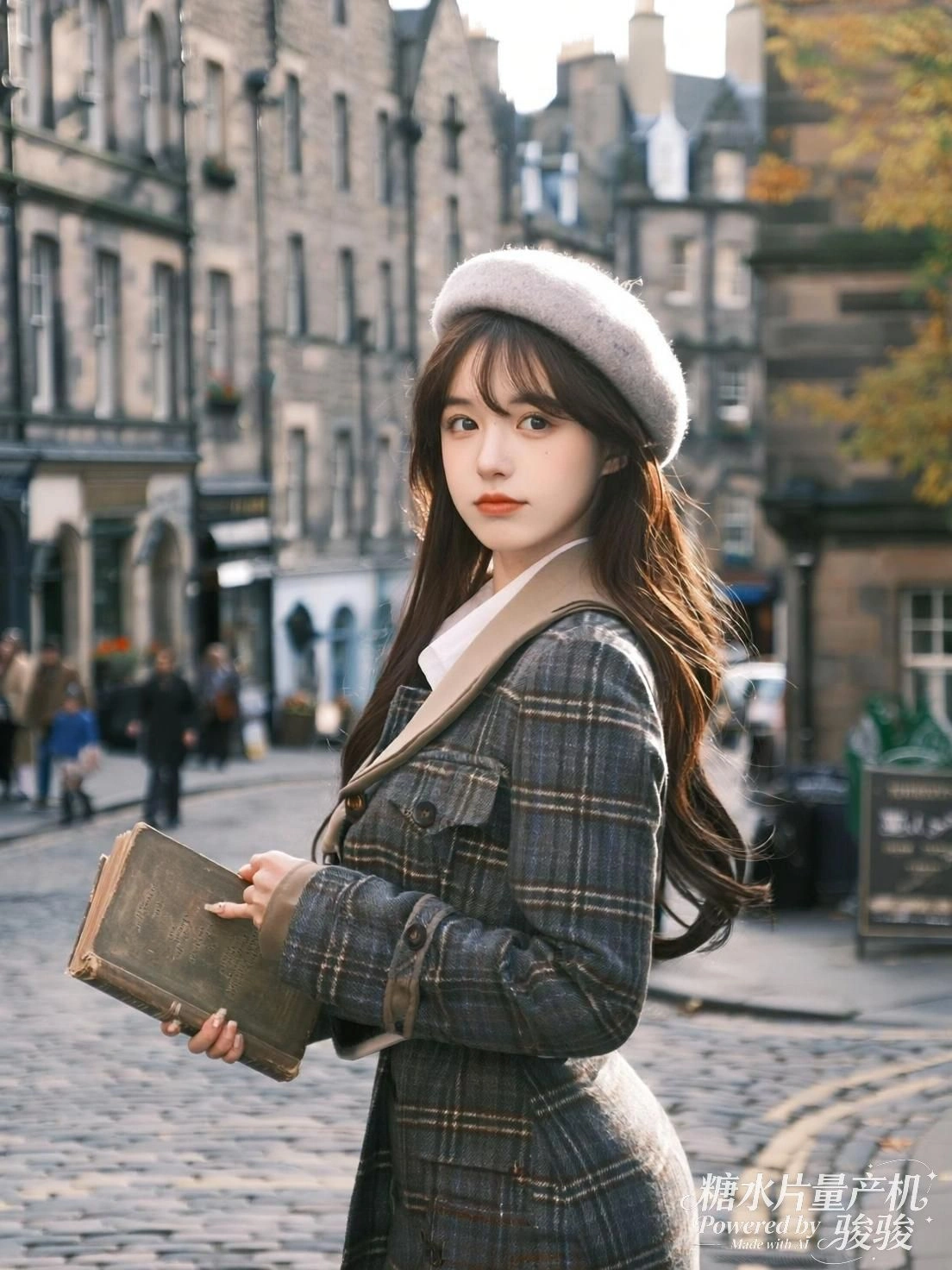 她穿行于喧嚣，白裙飘动，风携笑语掠过街巷