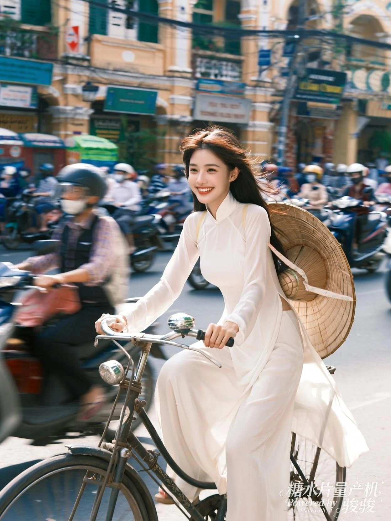 她穿行于喧嚣，白裙飘动，风携笑语掠过街巷
