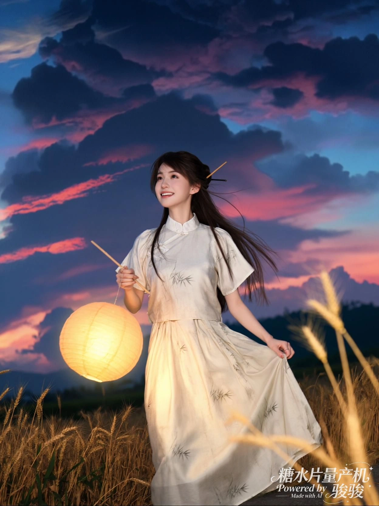 她走下台阶，影子拉长，光在裙褶间折叠成诗