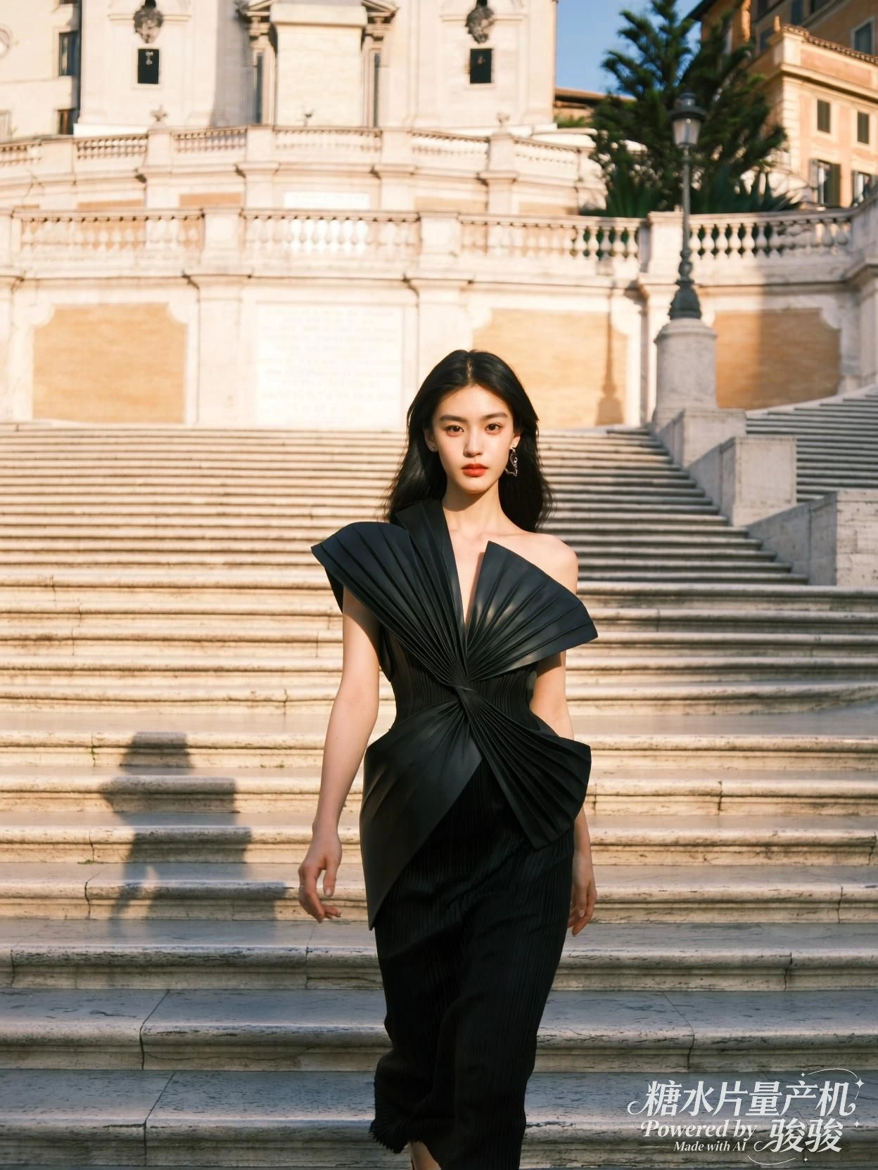 她走下台阶，影子拉长，光在裙褶间折叠成诗