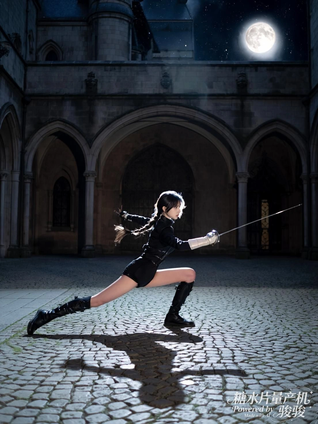 她坐于书架前，指尖轻抵唇，光在旧书与白衫间游走