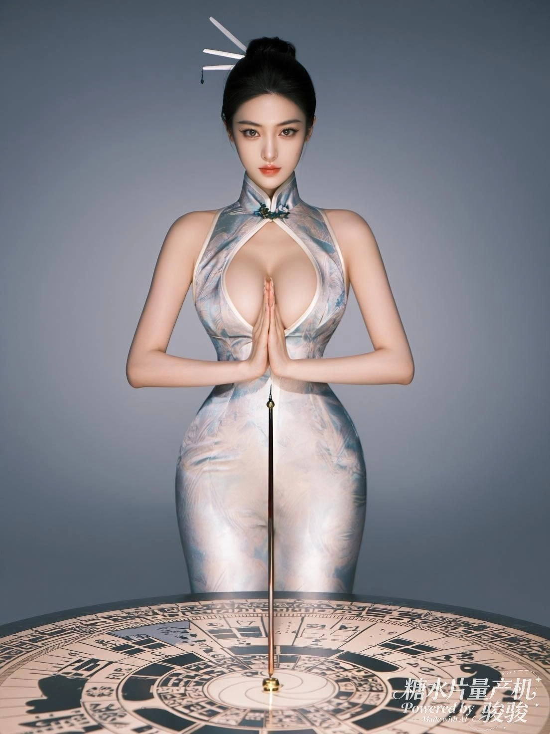 她坐于书架前，指尖轻抵唇，光在旧书与白衫间游走