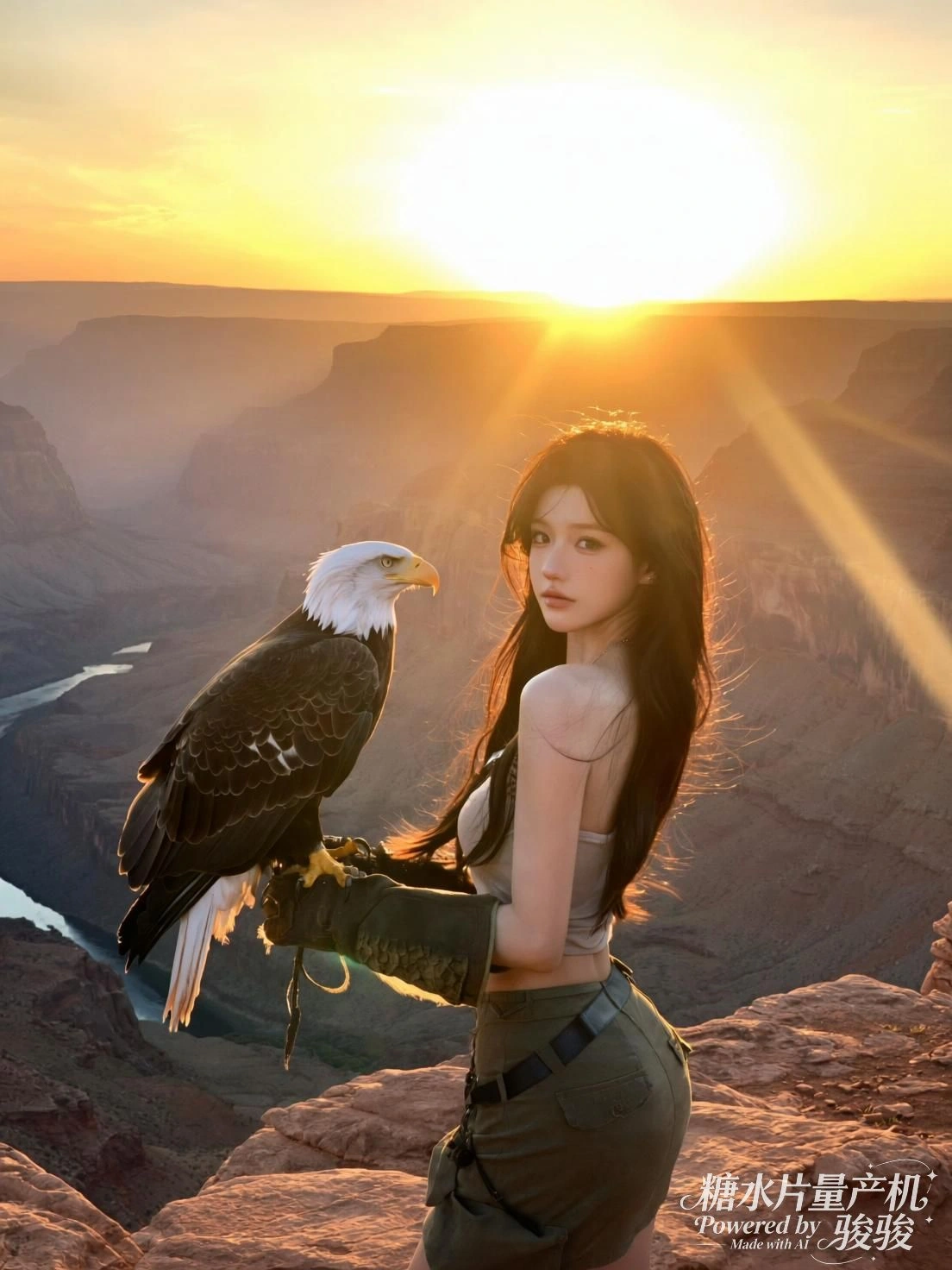 她立于崖边，鹰栖臂上，落日熔金，天地尽在凝望中