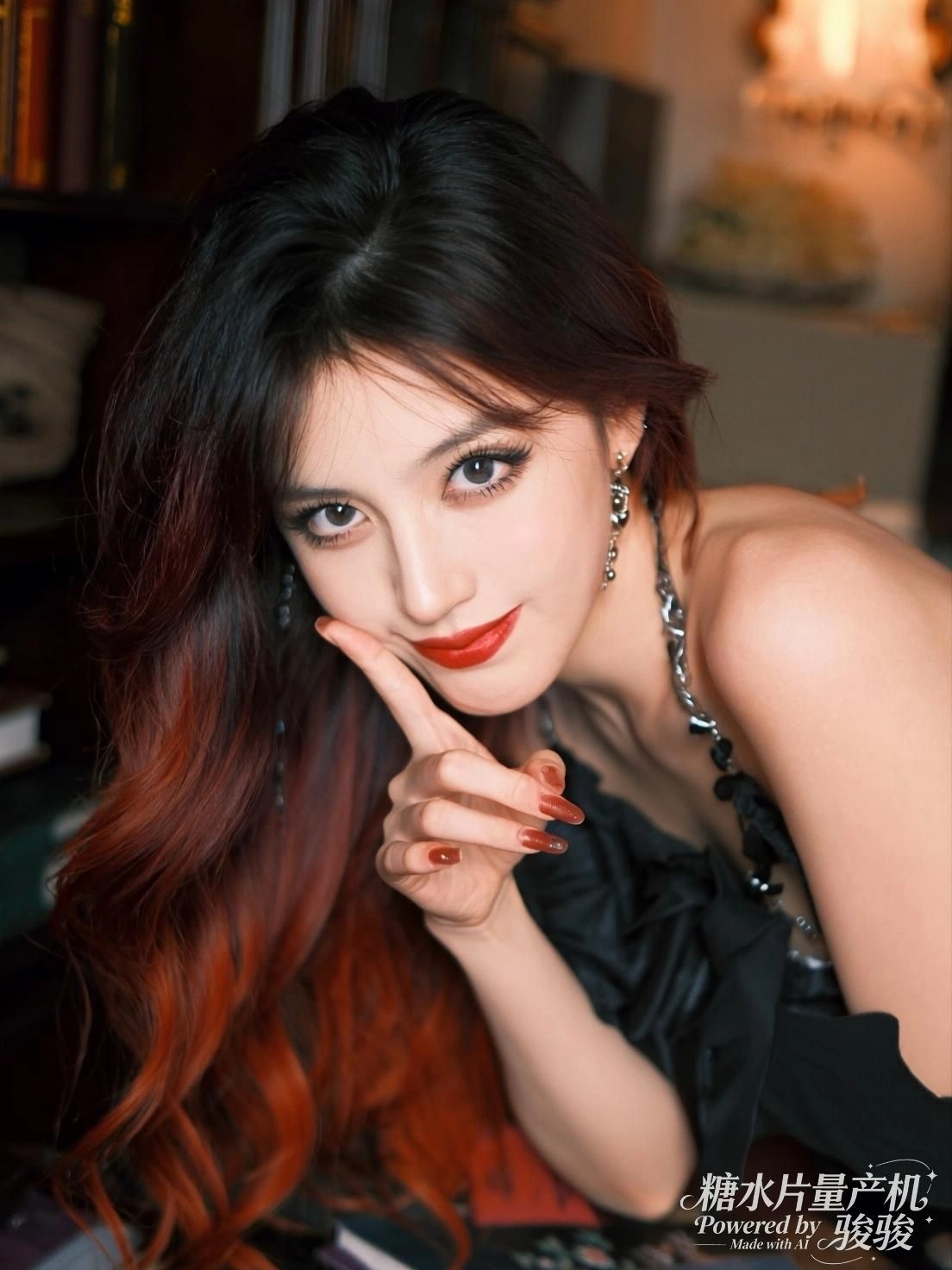 她立于香烟缭绕的殿中，华服垂地，光从雕梁间落向静默的步履