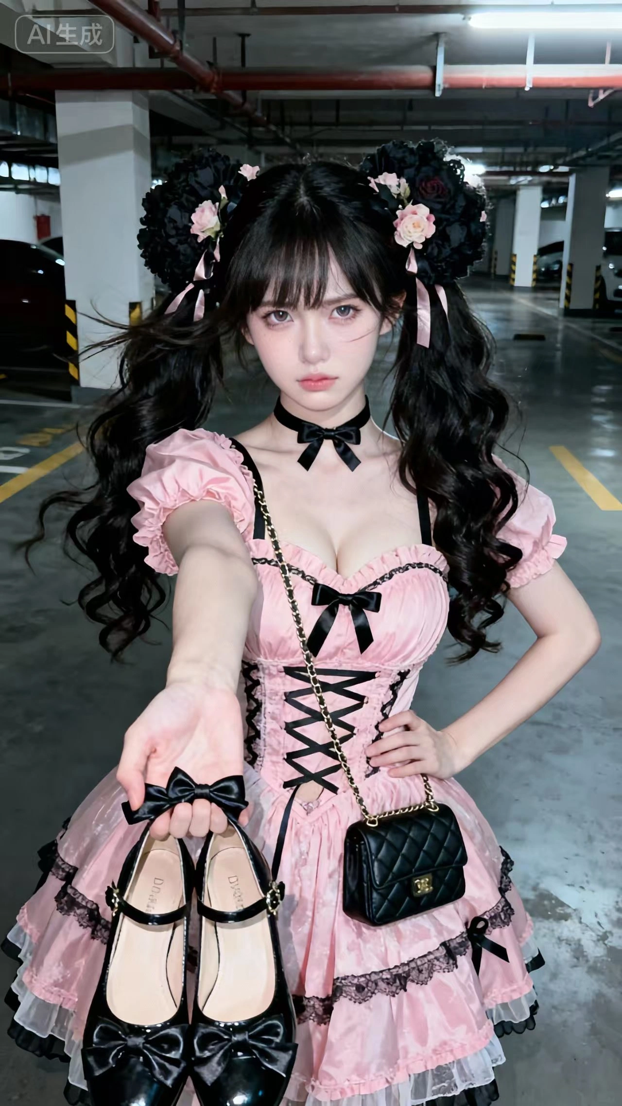 地下车库的洛丽塔拿不同款式的鞋子