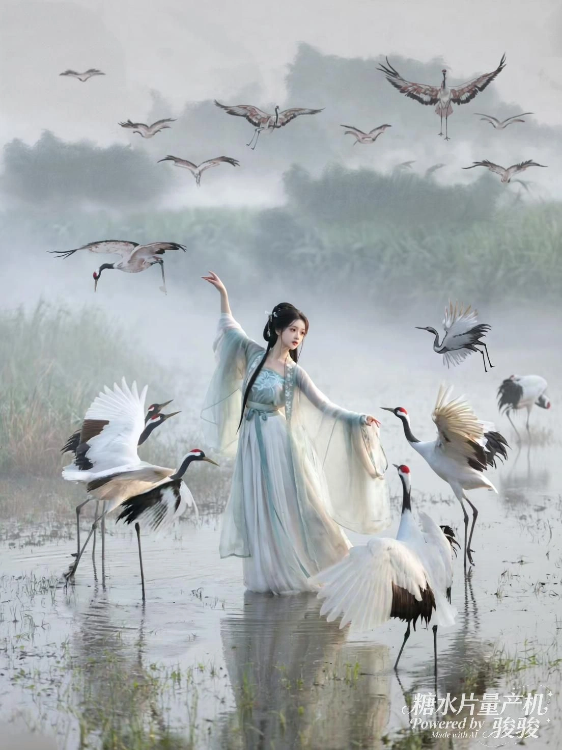 她立于浅水，衣袖轻扬，鹤群起舞，雾中天地如画初成