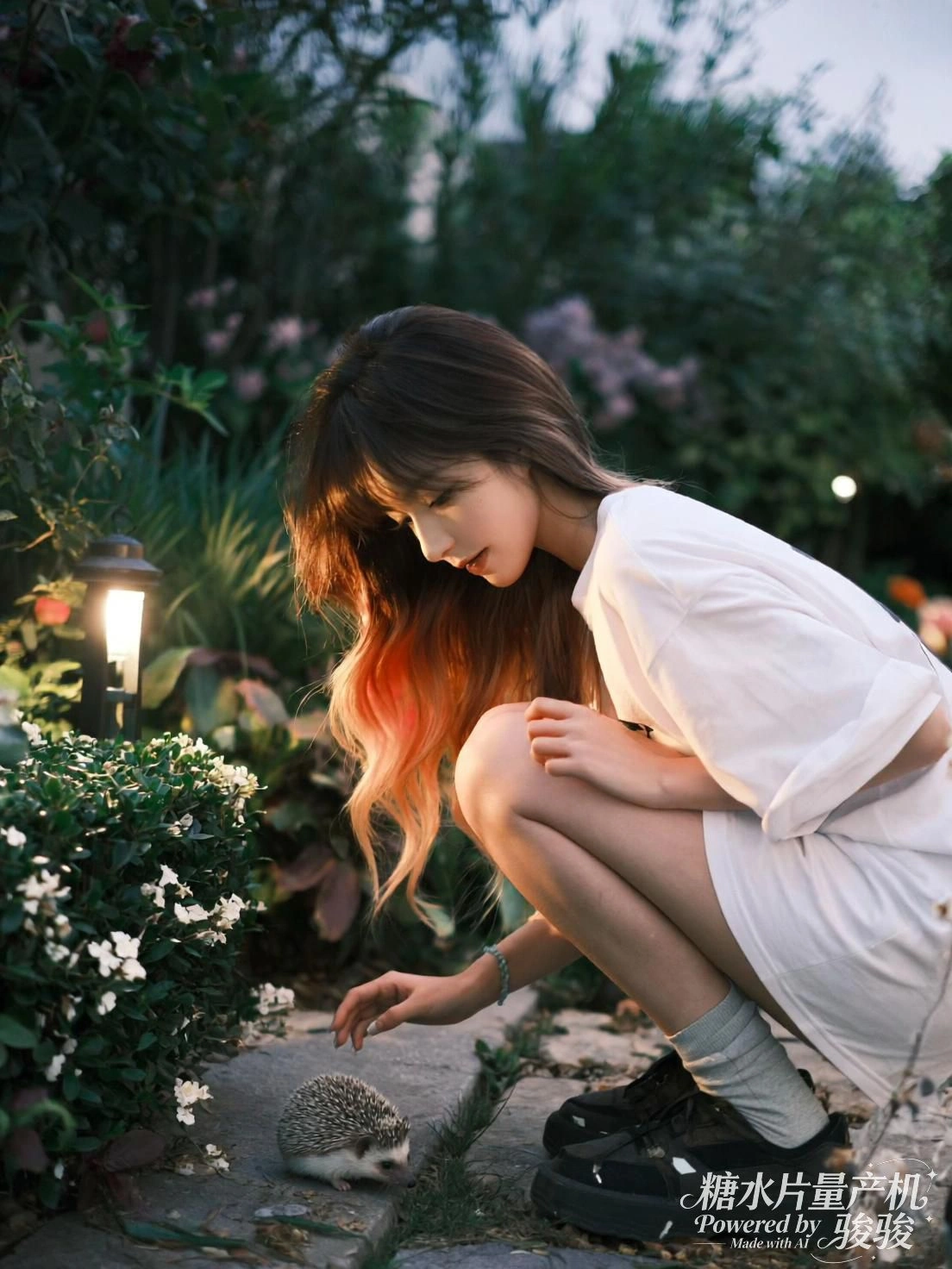 她立于浅水，衣袖轻扬，鹤群起舞，雾中天地如画初成